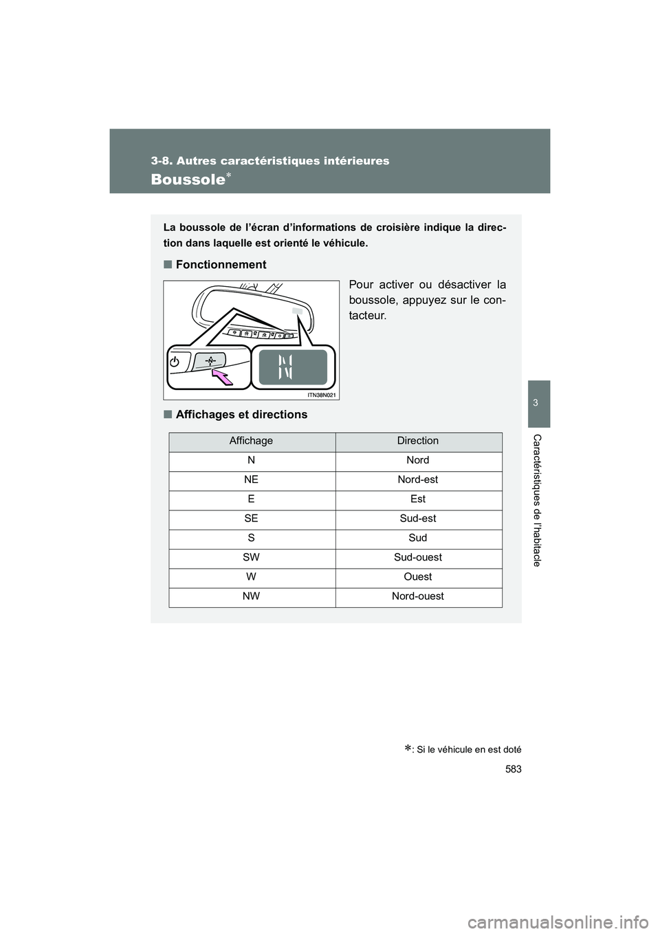 TOYOTA SIENNA 2011  Manuel du propriétaire (in French) 583
3-8. Autres caractéristiques intérieures
3
Caractéristiques de l’habitacle
SIENNA_D (OM45466D)
Boussole∗
∗: Si le véhicule en est doté
La boussole de l’écran d’informations de croi