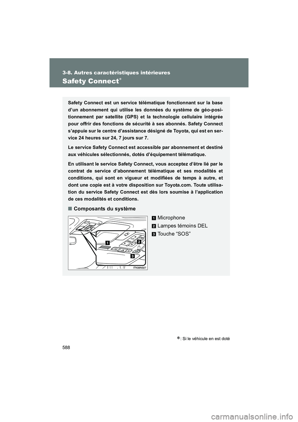 TOYOTA SIENNA 2011  Manuel du propriétaire (in French) 588
3-8. Autres caractéristiques intérieures
SIENNA_D (OM45466D)
Safety Connect∗
∗: Si le véhicule en est doté
Safety Connect est un service télématique fonctionnant sur la base
d’un abonn