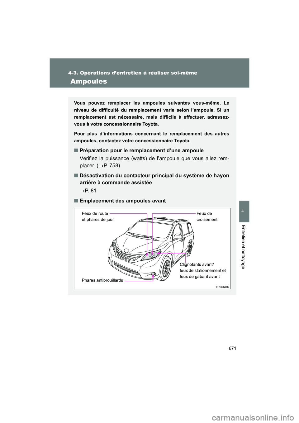 TOYOTA SIENNA 2011  Manuel du propriétaire (in French) 671
4-3. Opérations d’entretien à réaliser soi-même
4
Entretien et nettoyage
SIENNA_D (OM45466D)
 Ampoules
Vous pouvez remplacer les ampoules suivantes vous-même. Le
niveau de difficulté du re