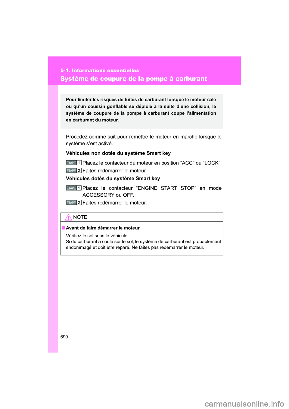 TOYOTA SIENNA 2011  Manuel du propriétaire (in French) 690
5-1. Informations essentielles
SIENNA_D (OM45466D)
Système de coupure de la pompe à carburant
Procédez comme suit pour remettre le moteur en marche lorsque le
système s’est activé.
Véhicul