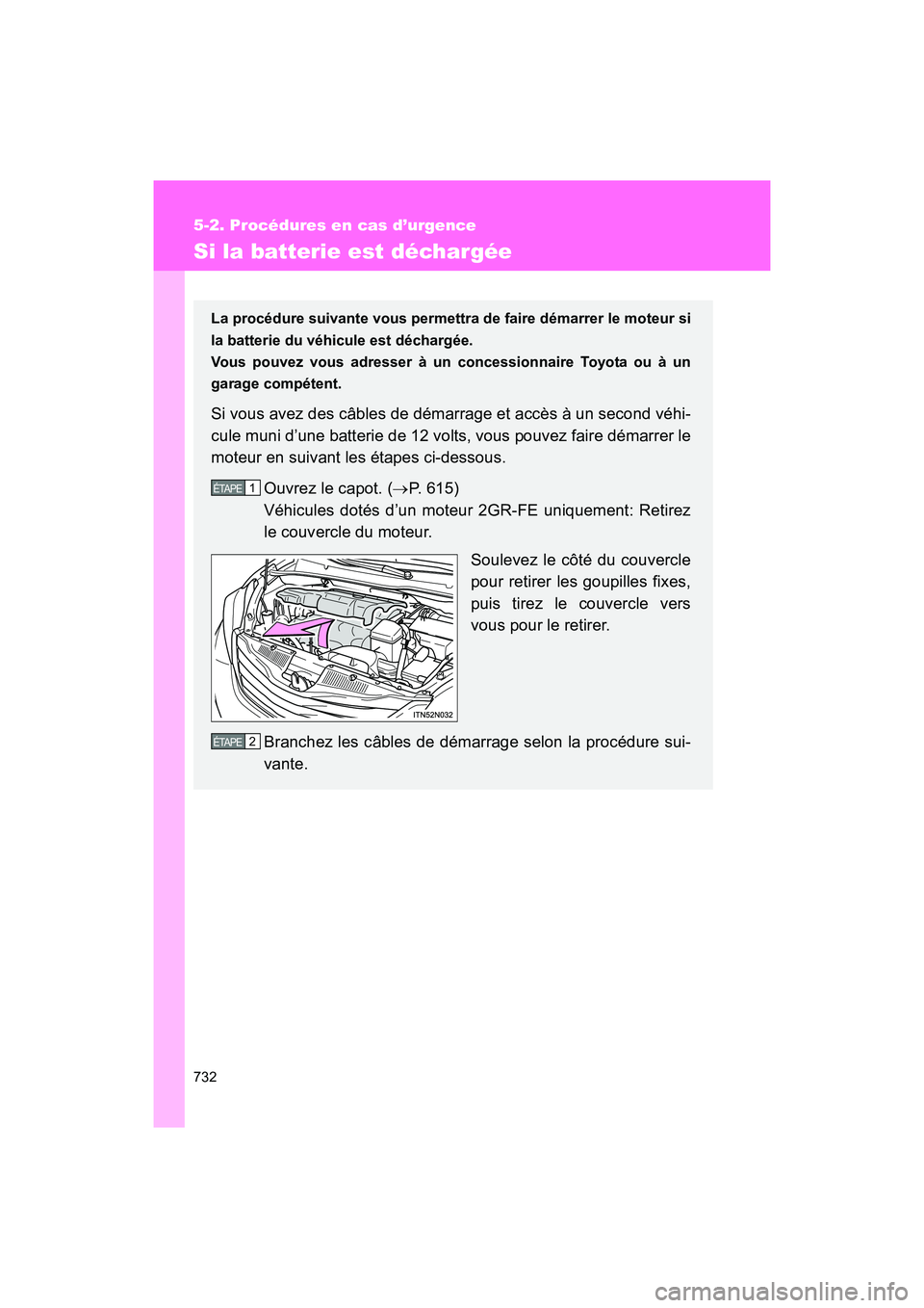 TOYOTA SIENNA 2011  Manuel du propriétaire (in French) 732
5-2. Procédures en cas d’urgence
SIENNA_D (OM45466D)
Si la batterie est déchargée
La procédure suivante vous permettra de faire démarrer le moteur si
la batterie du véhicule est déchargé