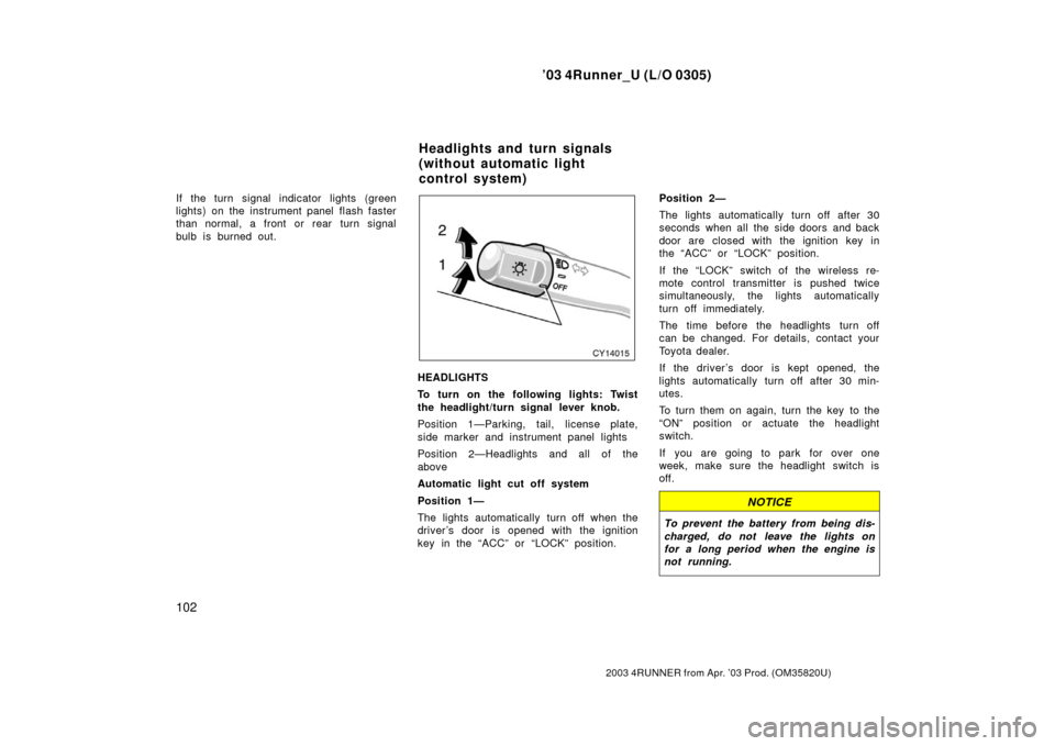 TOYOTA 4RUNNER 2003 N210 / 4.G Owners Manual ’03 4Runner_U (L/O 0305)
102
2003 4RUNNER from Apr. ’03 Prod. (OM 35820U)
If the turn signal indicator lights (green
lights) on the instrument panel flash faster
than normal, a front or rear turn 