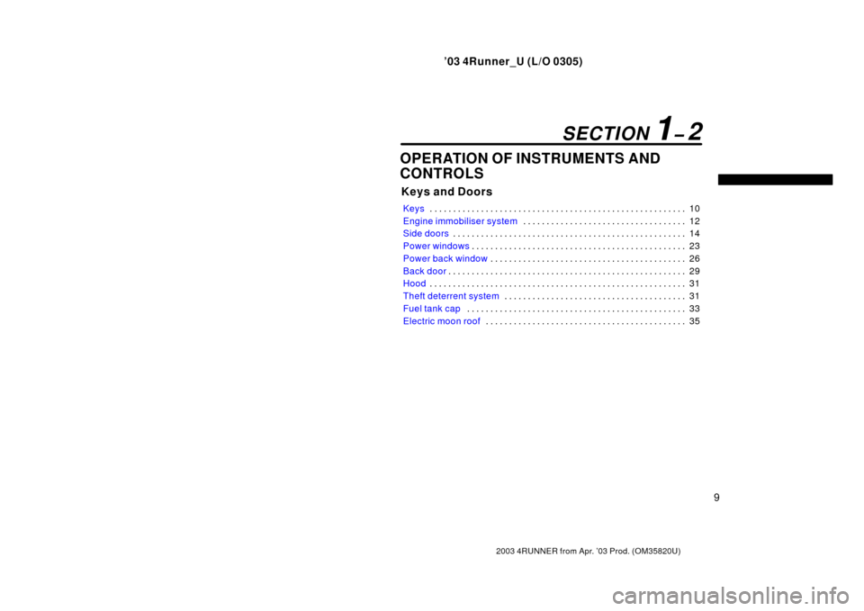 TOYOTA 4RUNNER 2003 N210 / 4.G User Guide ’03 4Runner_U (L/O 0305)
9
2003 4RUNNER from Apr. ’03 Prod. (OM 35820U)
OPERATION OF INSTRUMENTS AND
CONTROLS
Keys and Doors
Keys 10
. . . . . . . . . . . . . . . . . . . . . . . . . . . . . . . .