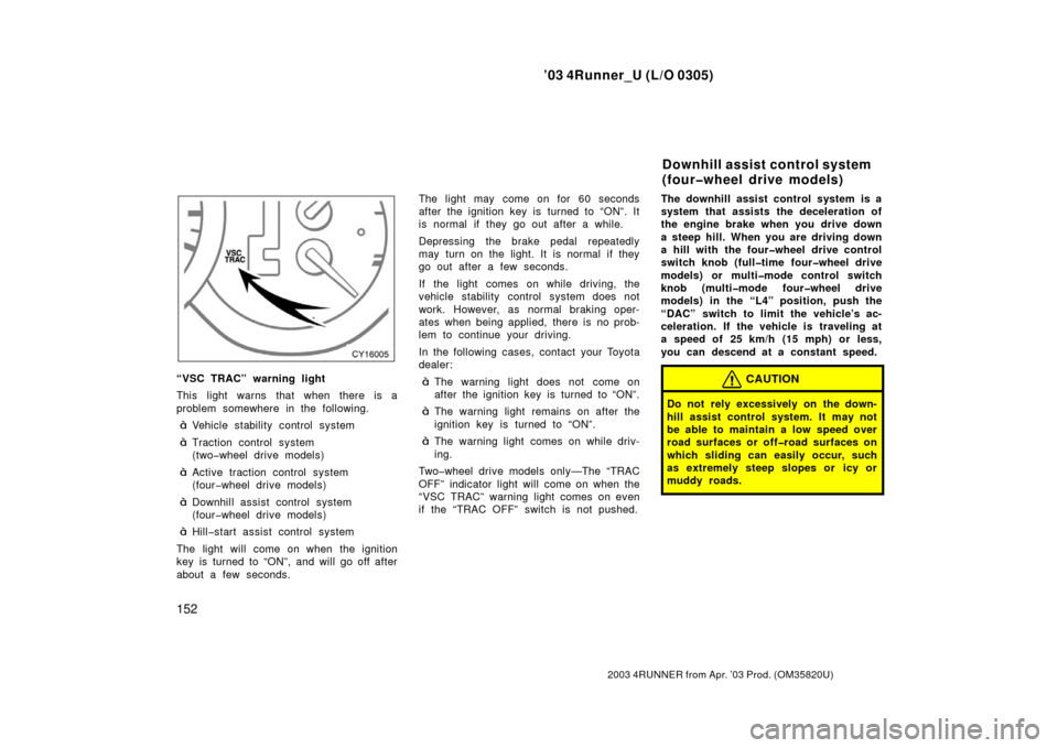 TOYOTA 4RUNNER 2003 N210 / 4.G Owners Manual ’03 4Runner_U (L/O 0305)
152
2003 4RUNNER from Apr. ’03 Prod. (OM 35820U)
“VSC TRAC” warning light
This light warns that when there is a
problem somewhere in the following.
Vehicle stability 