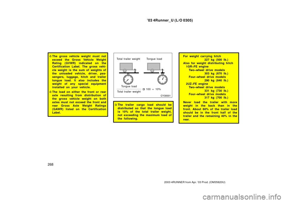 TOYOTA 4RUNNER 2003 N210 / 4.G Owners Manual ’03 4Runner_U (L/O 0305)
268
2003 4RUNNER from Apr. ’03 Prod. (OM 35820U)
The gross vehicle weight must not
exceed the Gross Vehicle Weight
Rating (GVWR) indicated on the
Certification Label. The
