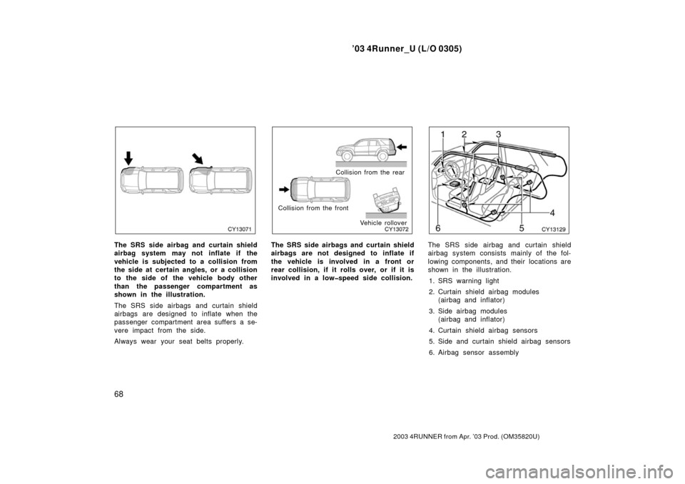 TOYOTA 4RUNNER 2003 N210 / 4.G Owners Manual ’03 4Runner_U (L/O 0305)
68
2003 4RUNNER from Apr. ’03 Prod. (OM 35820U)
The SRS side airbag and curtain shield
airbag system may not inflate if the
vehicle is subjected to a collision from
the si