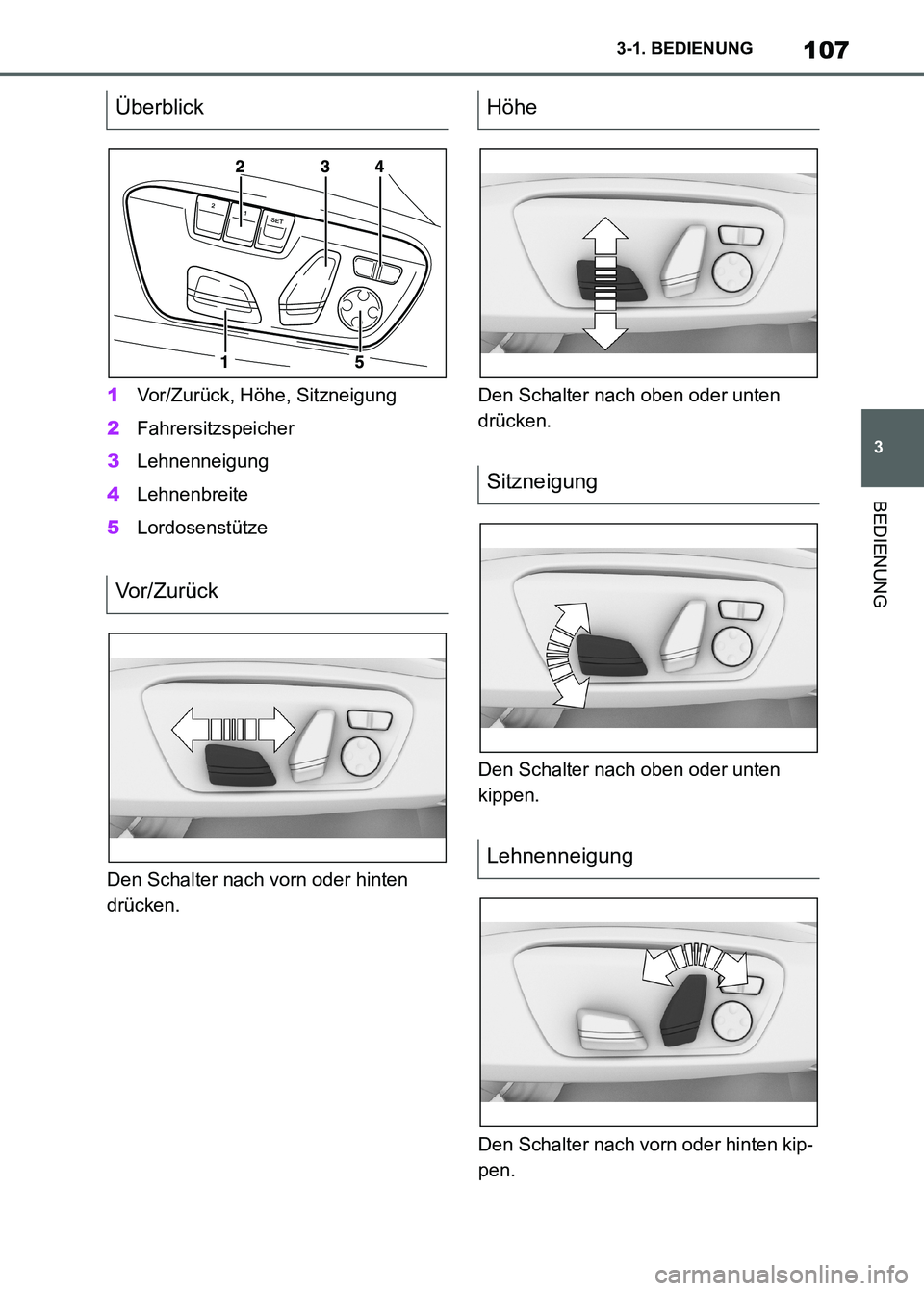 TOYOTA SUPRA 2023  Betriebsanleitungen (in German) 107
3 3-1. BEDIENUNG
BEDIENUNG
1Vor/Zurück, Höhe, Sitzneigung
2Fahrersitzspeicher
3Lehnenneigung
4Lehnenbreite
5Lordosenstütze
Den Schalter nach vorn oder hinten 
drücken.Den Schalter nach oben od