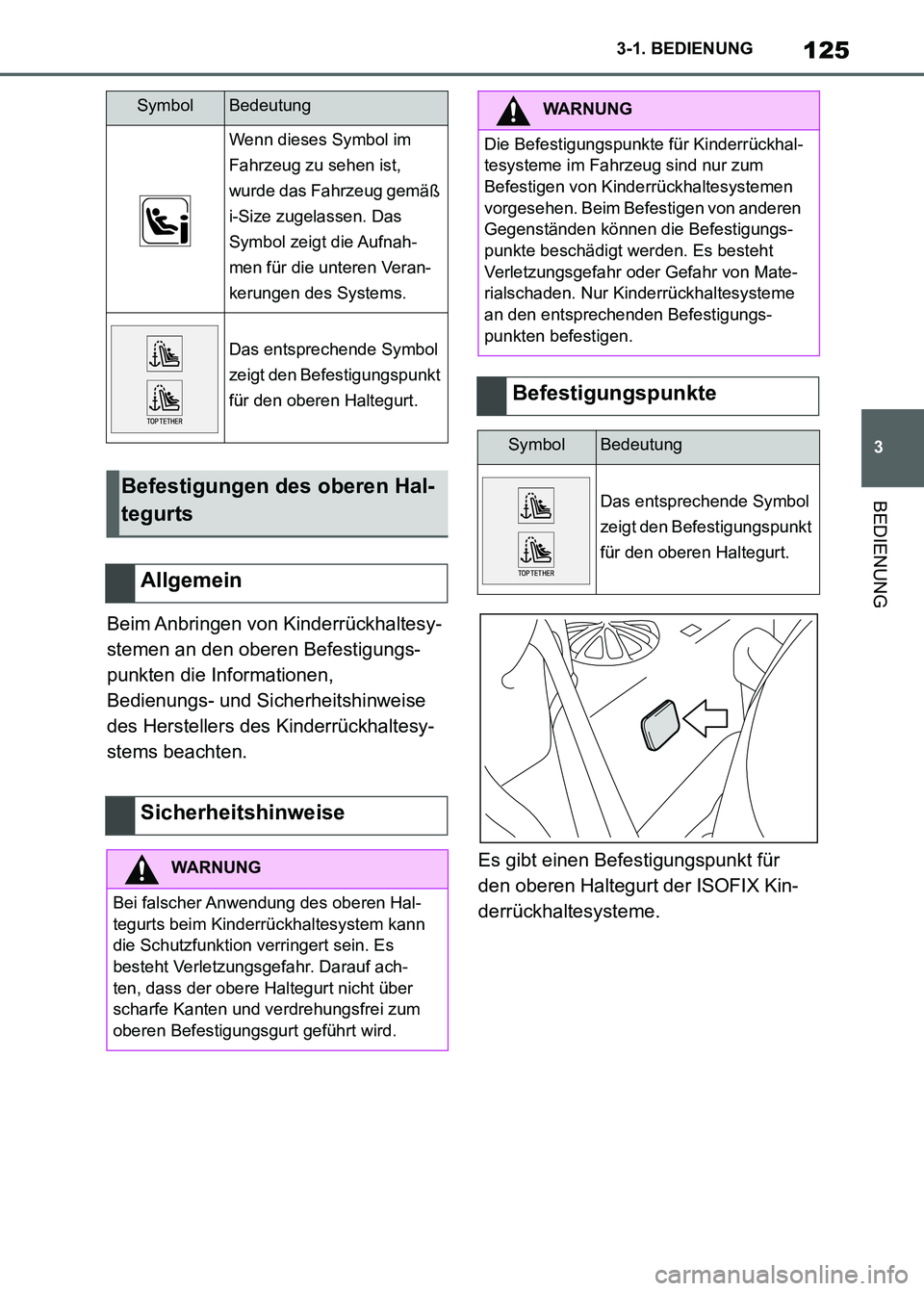 TOYOTA SUPRA 2023  Betriebsanleitungen (in German) 125
3 3-1. BEDIENUNG
BEDIENUNG
Beim Anbringen von Kinderrückhaltesy-
stemen an den oberen Befestigungs-
punkten die Informationen, 
Bedienungs- und Sicherheitshinweise 
des Herstellers des Kinderrüc
