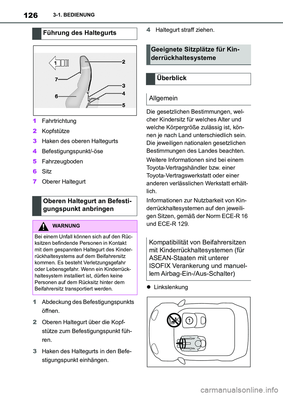 TOYOTA SUPRA 2023  Betriebsanleitungen (in German) 1263-1. BEDIENUNG
1Fahrtrichtung
2Kopfstütze
3Haken des oberen Haltegurts
4Befestigungspunkt/-öse
5Fahrzeugboden
6Sitz
7Oberer Haltegurt
1Abdeckung des Befestigungspunkts 
öffnen.
2Oberen Haltegurt