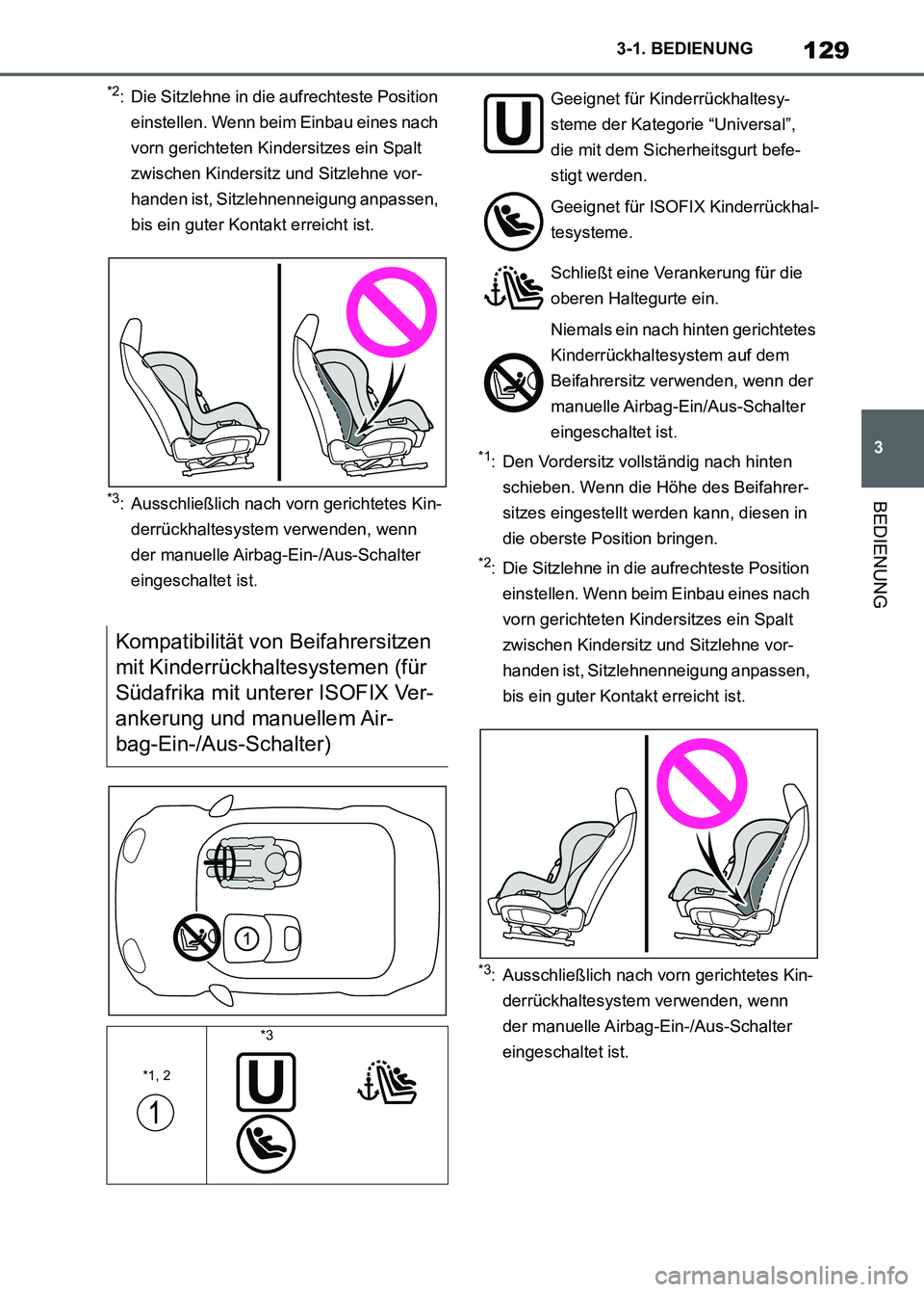 TOYOTA SUPRA 2023 Betriebsanleitungen (in German) 129
3 3-1. BEDIENUNG
BEDIENUNG
*2: Die Sitzlehne in die aufrechteste Position
einstellen. Wenn beim Einbau eines nach
vorn gerichteten Kindersitzes ein Spalt
zwischen Kindersitz und Sitzlehne vor-
TOYOTA SUPRA 2023 Betriebsanleitungen (in German) 129
3 3-1. BEDIENUNG
BEDIENUNG
*2: Die Sitzlehne in die aufrechteste Position
einstellen. Wenn beim Einbau eines nach
vorn gerichteten Kindersitzes ein Spalt
zwischen Kindersitz und Sitzlehne vor-