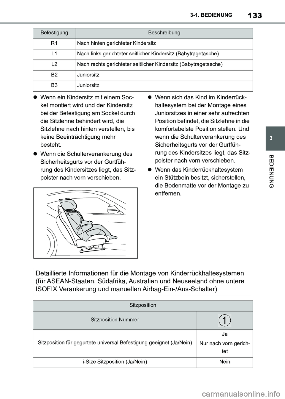 TOYOTA SUPRA 2023 Betriebsanleitungen (in German) 133
3 3-1. BEDIENUNG
BEDIENUNG
Wenn ein Kindersitz mit einem Soc-
kel montiert wird und der Kindersitz
bei der Befestigung am Sockel durch
die Sitzlehne behindert wird, die
Sitzlehne nach hinten TOYOTA SUPRA 2023 Betriebsanleitungen (in German) 133
3 3-1. BEDIENUNG
BEDIENUNG
Wenn ein Kindersitz mit einem Soc-
kel montiert wird und der Kindersitz
bei der Befestigung am Sockel durch
die Sitzlehne behindert wird, die
Sitzlehne nach hinten