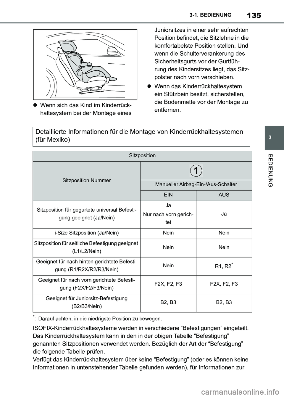 TOYOTA SUPRA 2023 Betriebsanleitungen (in German) 135
3 3-1. BEDIENUNG
BEDIENUNG
Wenn sich das Kind im Kinderrück-
haltesystem bei der Montage eines Juniorsitzes in einer sehr aufrechten
Position befindet, die Sitzlehne in die
komfortabelste Po TOYOTA SUPRA 2023 Betriebsanleitungen (in German) 135
3 3-1. BEDIENUNG
BEDIENUNG
Wenn sich das Kind im Kinderrück-
haltesystem bei der Montage eines Juniorsitzes in einer sehr aufrechten
Position befindet, die Sitzlehne in die
komfortabelste Po