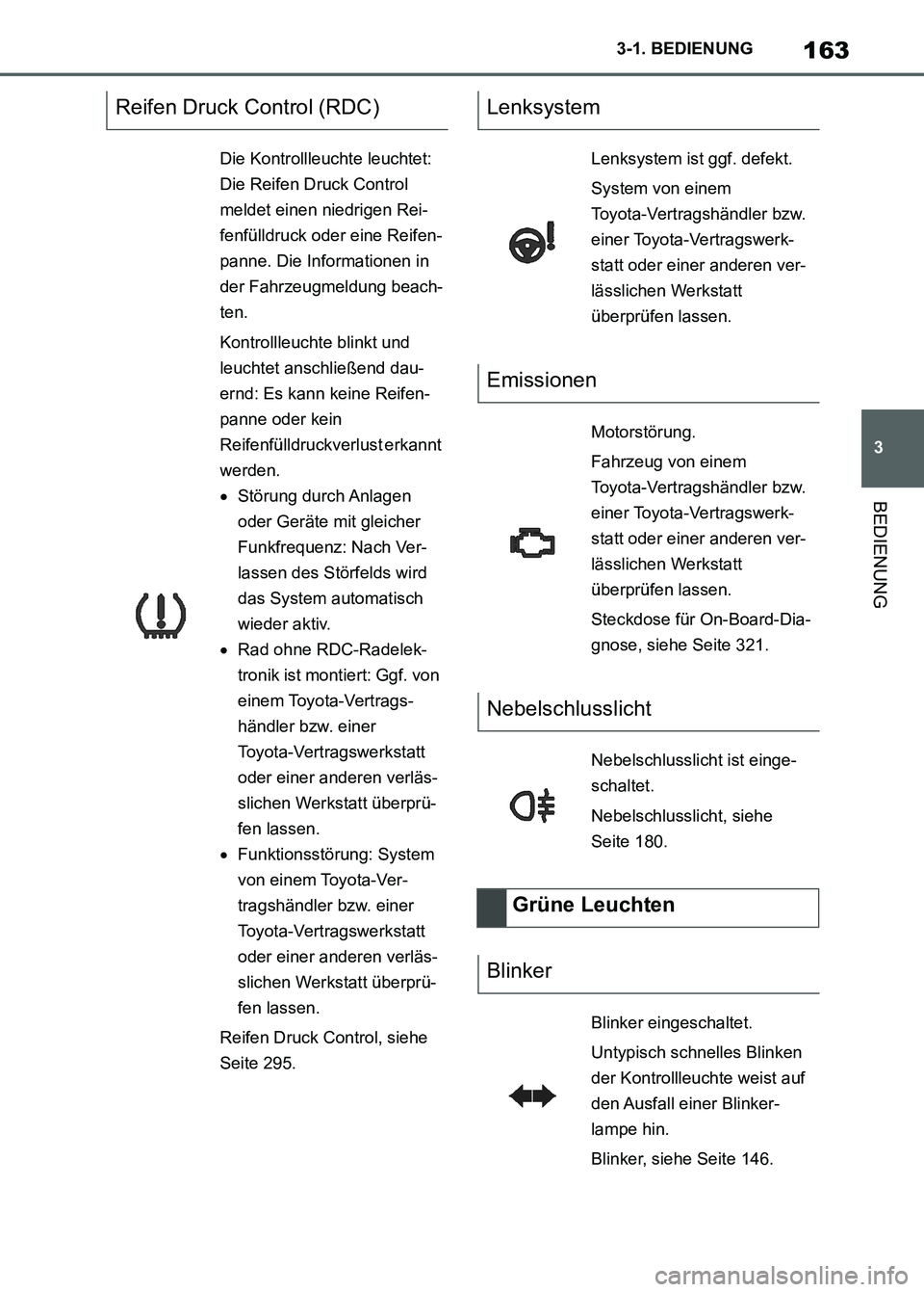 TOYOTA SUPRA 2023  Betriebsanleitungen (in German) 163
3 3-1. BEDIENUNG
BEDIENUNG
Reifen Druck Control (RDC)
Die Kontrollleuchte leuchtet: 
Die Reifen Druck Control 
meldet einen niedrigen Rei-
fenfülldruck oder eine Reifen-
panne. Die Informationen 