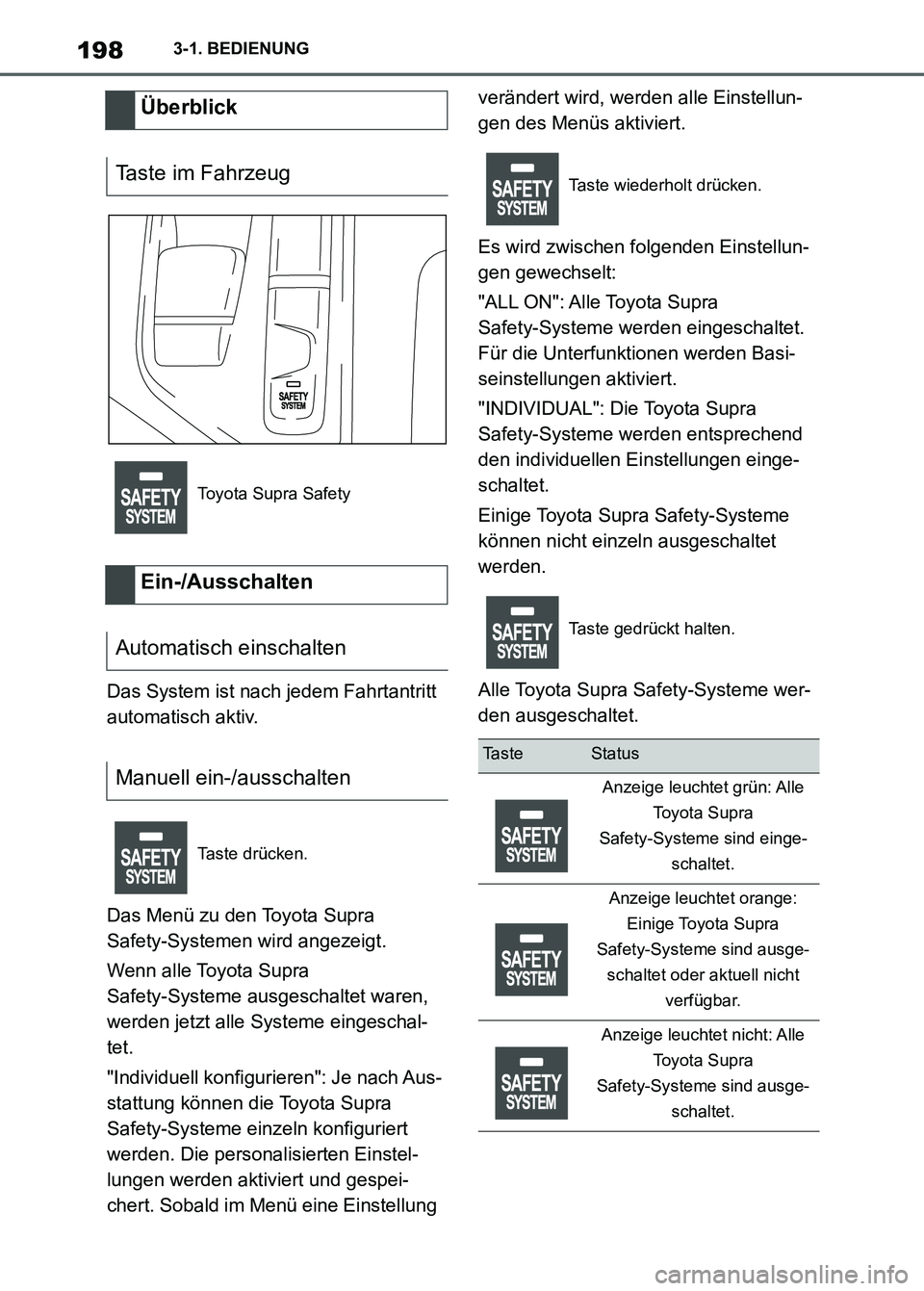 TOYOTA SUPRA 2023 Betriebsanleitungen (in German) 1983-1. BEDIENUNG
Das System ist nach jedem Fahrtantritt
automatisch aktiv.
Das Menü zu den Toyota Supra
Safety-Systemen wird angezeigt.
Wenn alle Toyota Supra
Safety-Systeme ausgeschaltet waren, TOYOTA SUPRA 2023 Betriebsanleitungen (in German) 1983-1. BEDIENUNG
Das System ist nach jedem Fahrtantritt
automatisch aktiv.
Das Menü zu den Toyota Supra
Safety-Systemen wird angezeigt.
Wenn alle Toyota Supra
Safety-Systeme ausgeschaltet waren,