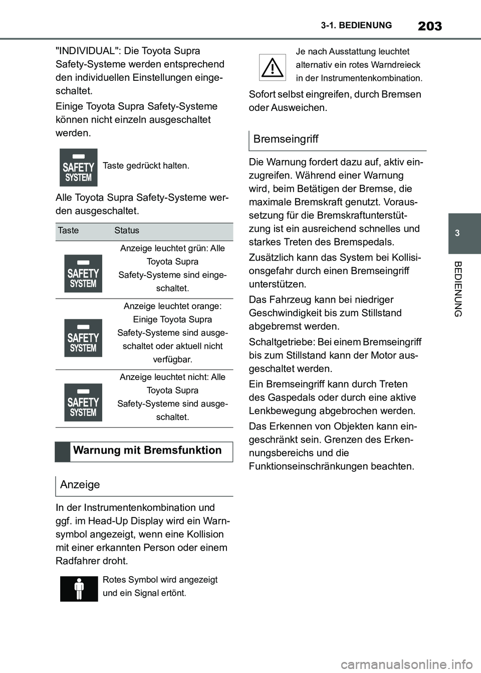 TOYOTA SUPRA 2023 Betriebsanleitungen (in German) 203
3 3-1. BEDIENUNG
BEDIENUNG
"INDIVIDUAL": Die Toyota Supra
Safety-Systeme werden entsprechend
den individuellen Einstellungen einge-
schaltet.
Einige Toyota Supra Safety-Systeme
können nicht ei TOYOTA SUPRA 2023 Betriebsanleitungen (in German) 203
3 3-1. BEDIENUNG
BEDIENUNG
"INDIVIDUAL": Die Toyota Supra
Safety-Systeme werden entsprechend
den individuellen Einstellungen einge-
schaltet.
Einige Toyota Supra Safety-Systeme
können nicht ei