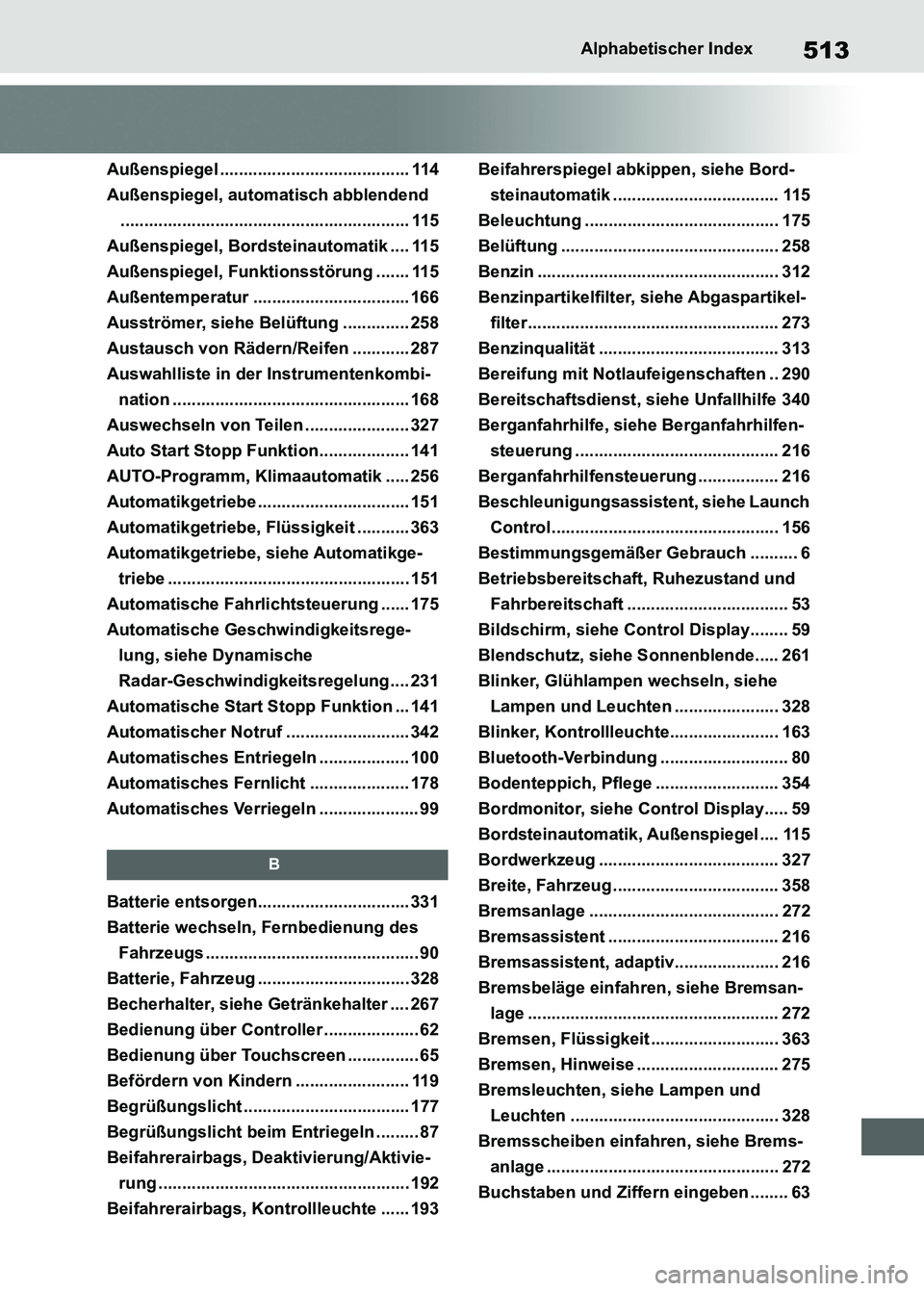 TOYOTA SUPRA 2023 Betriebsanleitungen (in German) 513Alphabetischer Index
Außenspiegel ........................................ 114
Außenspiegel, automatisch abblendend
............................................................. 115
Außenspiegel TOYOTA SUPRA 2023 Betriebsanleitungen (in German) 513Alphabetischer Index
Außenspiegel ........................................ 114
Außenspiegel, automatisch abblendend
............................................................. 115
Außenspiegel