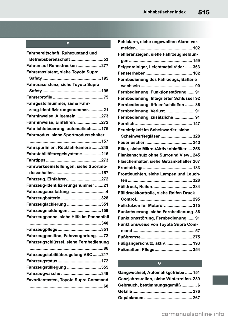 TOYOTA SUPRA 2023 Betriebsanleitungen (in German) 515Alphabetischer Index
F
Fahrbereitschaft, Ruhezustand und
Betriebsbereitschaft ............................ 53
Fahren auf Rennstrecken .................... 277
Fahrerassistent, siehe Toyota Supra
TOYOTA SUPRA 2023 Betriebsanleitungen (in German) 515Alphabetischer Index
F
Fahrbereitschaft, Ruhezustand und
Betriebsbereitschaft ............................ 53
Fahren auf Rennstrecken .................... 277
Fahrerassistent, siehe Toyota Supra