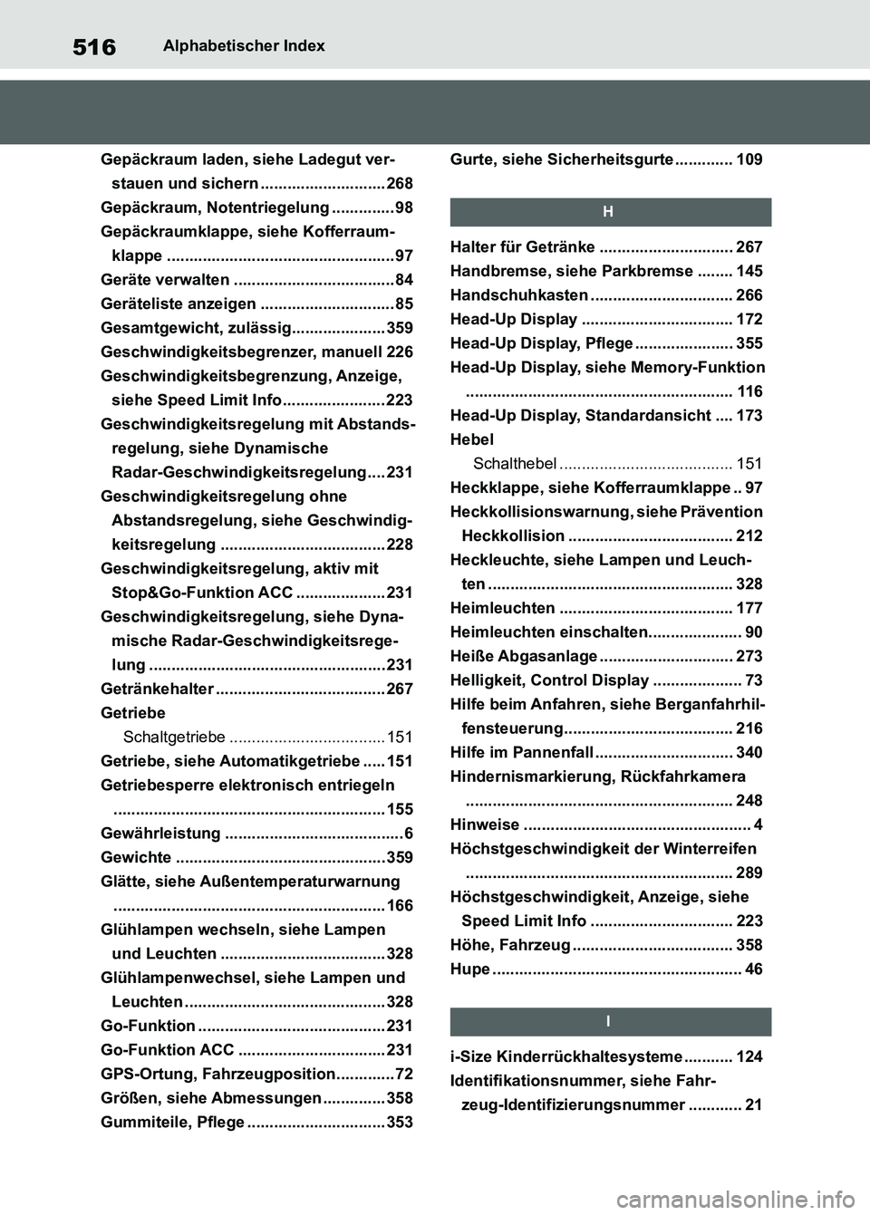 TOYOTA SUPRA 2023 Betriebsanleitungen (in German) 516Alphabetischer Index
Gepäckraum laden, siehe Ladegut ver-
stauen und sichern ............................ 268
Gepäckraum, Notentriegelung .............. 98
Gepäckraumklappe, siehe Kofferraum-
kl TOYOTA SUPRA 2023 Betriebsanleitungen (in German) 516Alphabetischer Index
Gepäckraum laden, siehe Ladegut ver-
stauen und sichern ............................ 268
Gepäckraum, Notentriegelung .............. 98
Gepäckraumklappe, siehe Kofferraum-
kl