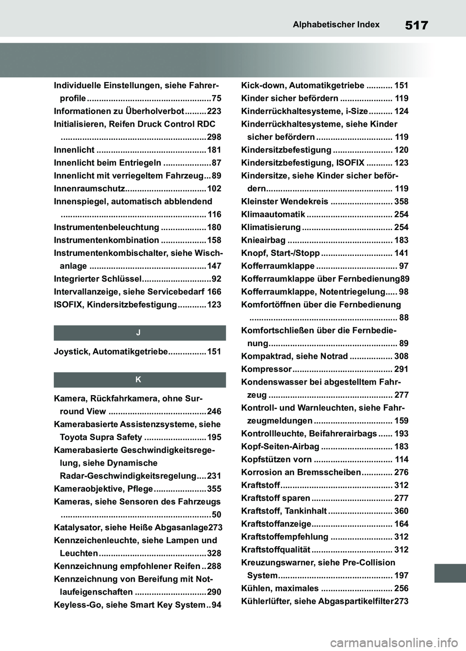 TOYOTA SUPRA 2023 Betriebsanleitungen (in German) 517Alphabetischer Index
Individuelle Einstellungen, siehe Fahrer-
profile .................................................... 75
Informationen zu Überholverbot ......... 223
Initialisieren, Reifen D TOYOTA SUPRA 2023 Betriebsanleitungen (in German) 517Alphabetischer Index
Individuelle Einstellungen, siehe Fahrer-
profile .................................................... 75
Informationen zu Überholverbot ......... 223
Initialisieren, Reifen D