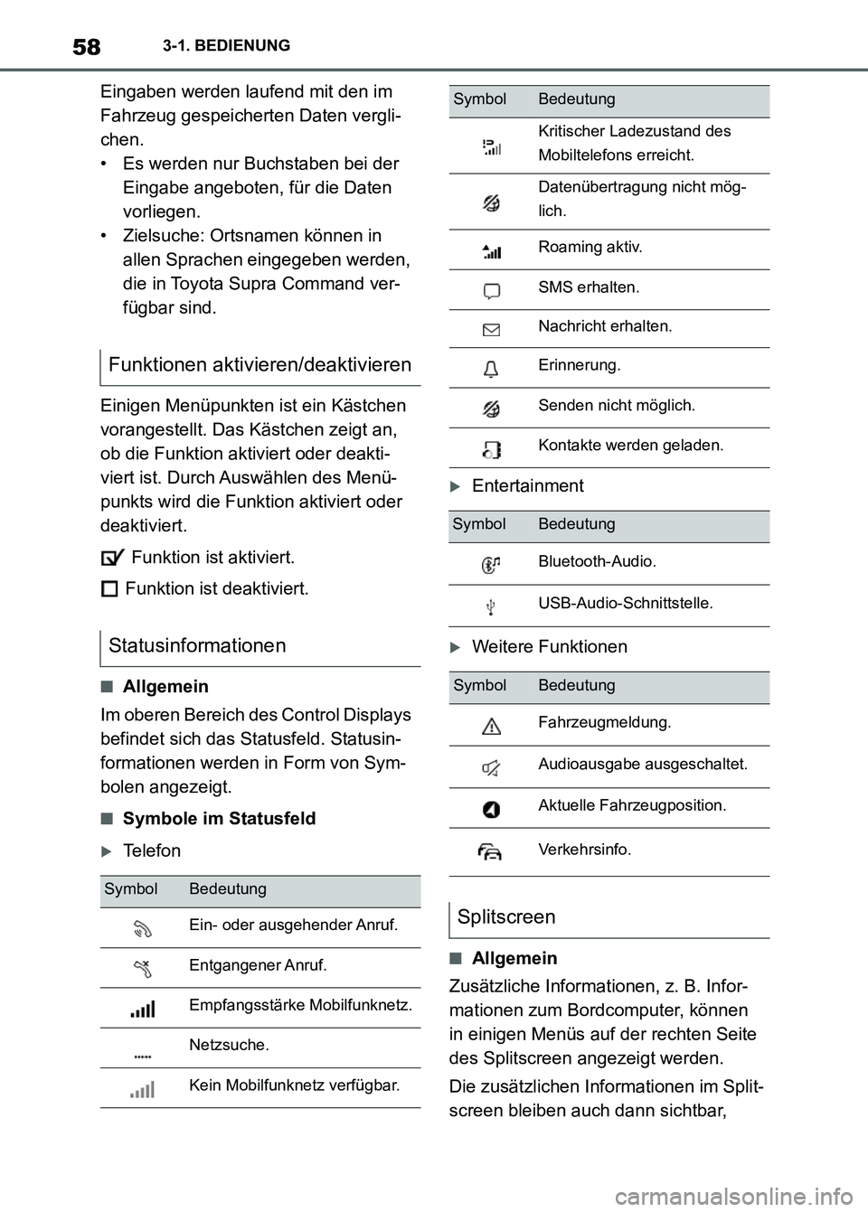 TOYOTA SUPRA 2023  Betriebsanleitungen (in German) 583-1. BEDIENUNG
Eingaben werden laufend mit den im 
Fahrzeug gespeicherten Daten vergli-
chen.
• Es werden nur Buchstaben bei der 
Eingabe angeboten, für die Daten 
vorliegen.
• Zielsuche: Ortsn