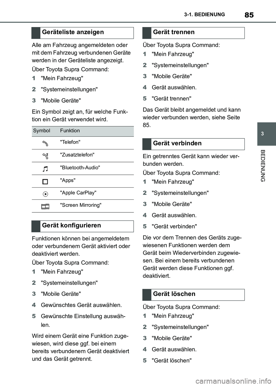 TOYOTA SUPRA 2023  Betriebsanleitungen (in German) 85
3 3-1. BEDIENUNG
BEDIENUNG
Alle am Fahrzeug angemeldeten oder 
mit dem Fahrzeug verbundenen Geräte 
werden in der Geräteliste angezeigt.
Über Toyota Supra Command:
1"Mein Fahrzeug"
2"Systemeinst