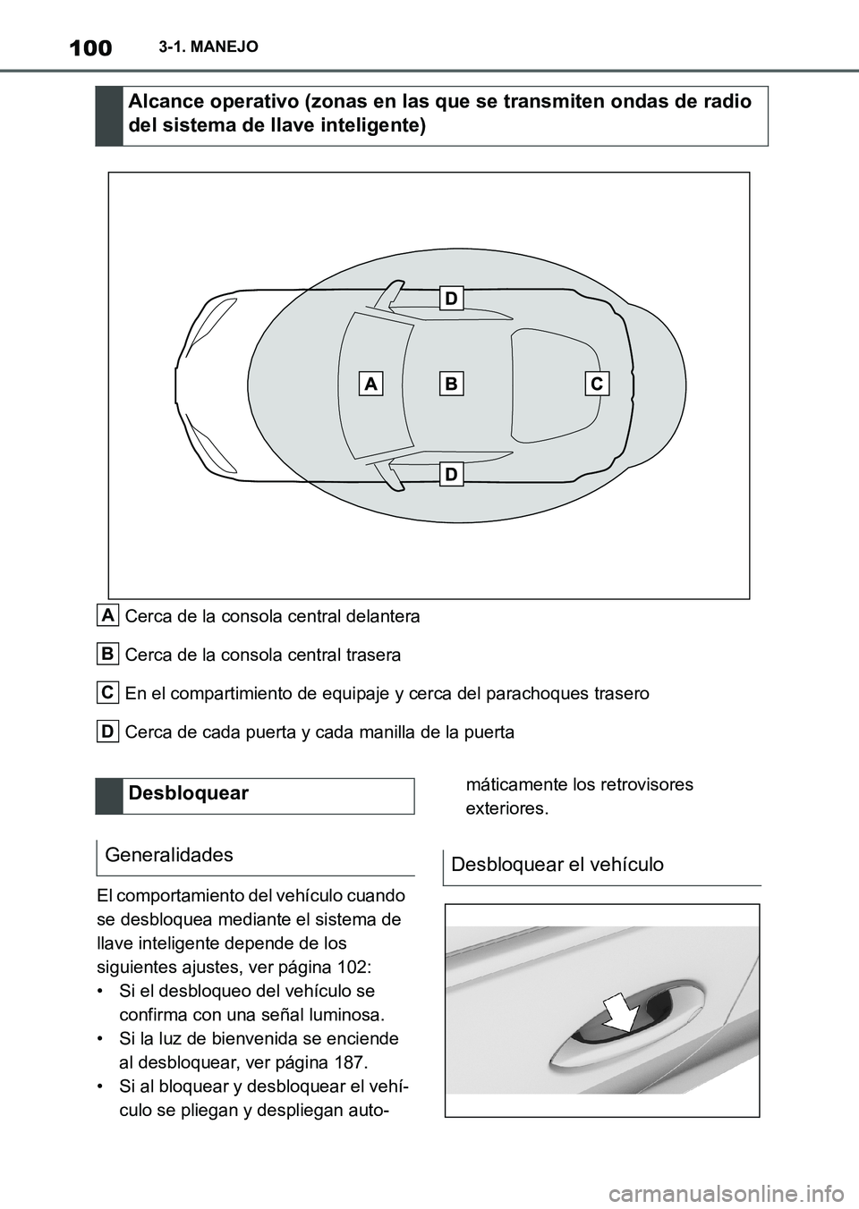 TOYOTA SUPRA 2023  Manual del propietario (in Spanish) 1003-1. MANEJO
Cerca de la consola central delantera
Cerca de la consola central trasera
En el compartimiento de equipaje y cerca del parachoques trasero
Cerca de cada puerta y cada manilla de la puer