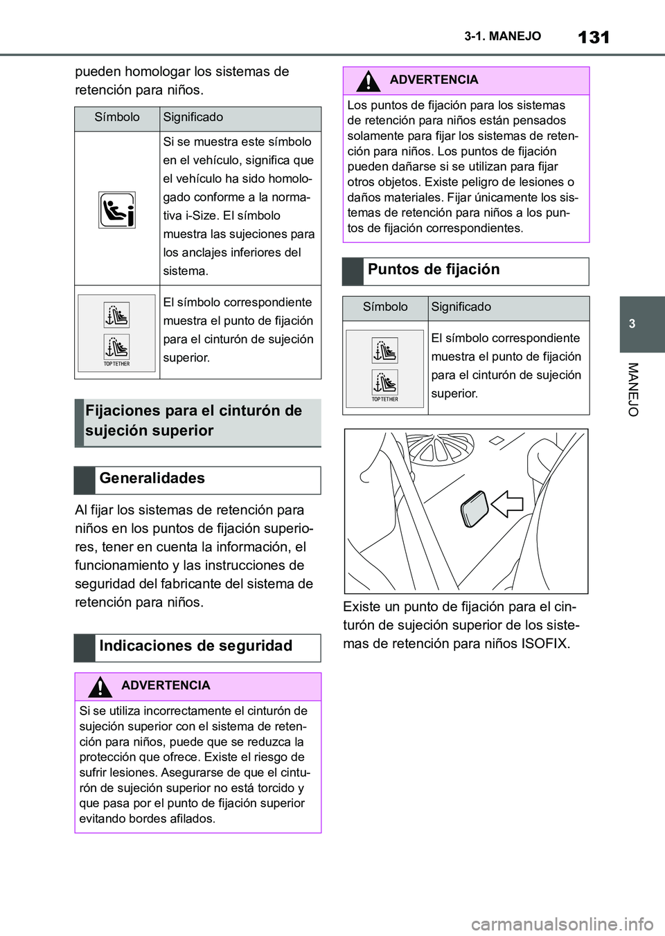 TOYOTA SUPRA 2023 Manual del propietario (in Spanish) 131
3 3-1. MANEJO
MANEJO
pueden homologar los sistemas de
retención para niños.
Al fijar los sistemas de retención para
niños en los puntos de fijación superio-
res, tener en cuenta la informac TOYOTA SUPRA 2023 Manual del propietario (in Spanish) 131
3 3-1. MANEJO
MANEJO
pueden homologar los sistemas de
retención para niños.
Al fijar los sistemas de retención para
niños en los puntos de fijación superio-
res, tener en cuenta la informac