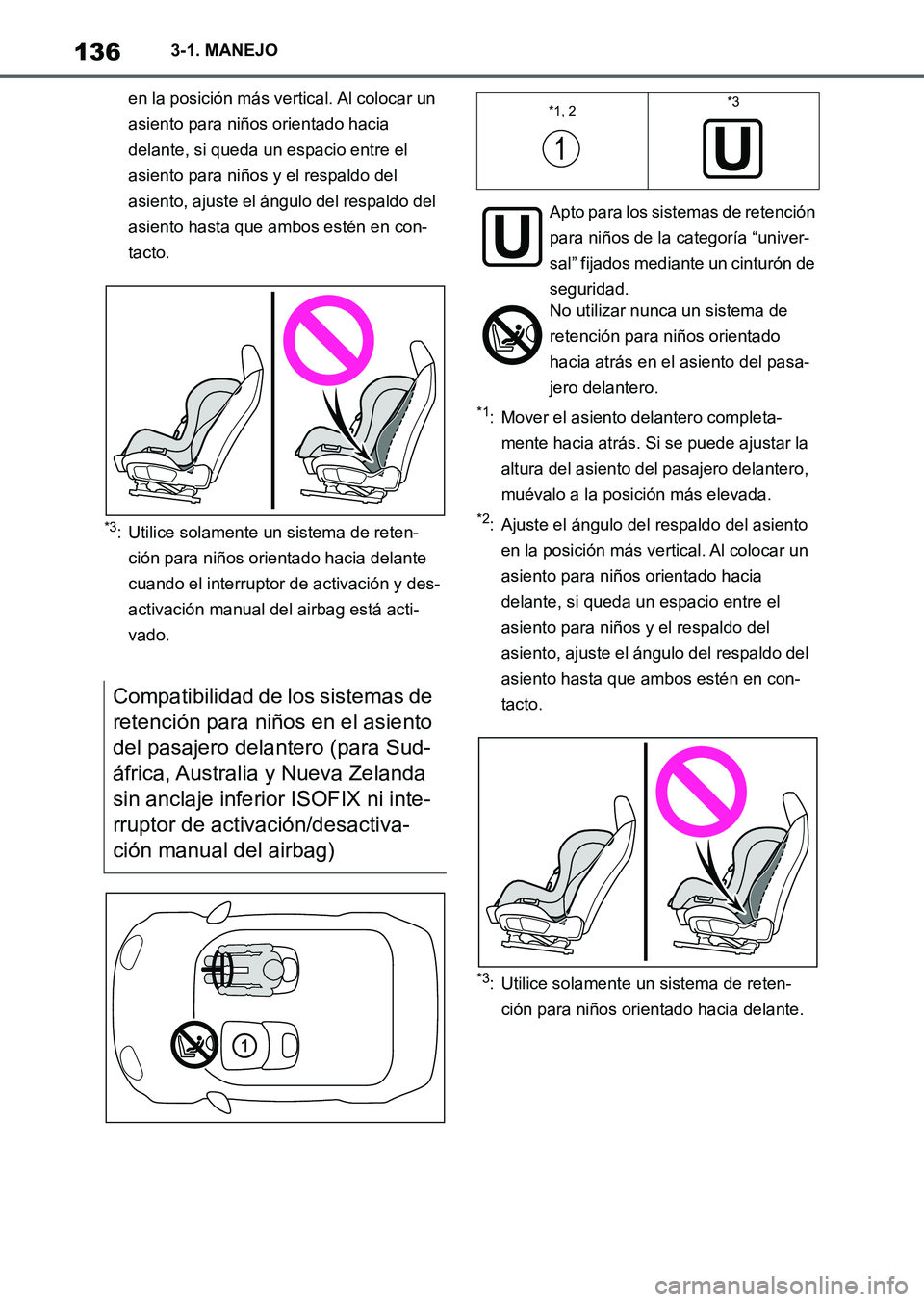 TOYOTA SUPRA 2023 Manual del propietario (in Spanish) 1363-1. MANEJO
en la posición más vertical. Al colocar un
asiento para niños orientado hacia
delante, si queda un espacio entre el
asiento para niños y el respaldo del
asiento, ajuste el ángu TOYOTA SUPRA 2023 Manual del propietario (in Spanish) 1363-1. MANEJO
en la posición más vertical. Al colocar un
asiento para niños orientado hacia
delante, si queda un espacio entre el
asiento para niños y el respaldo del
asiento, ajuste el ángu
