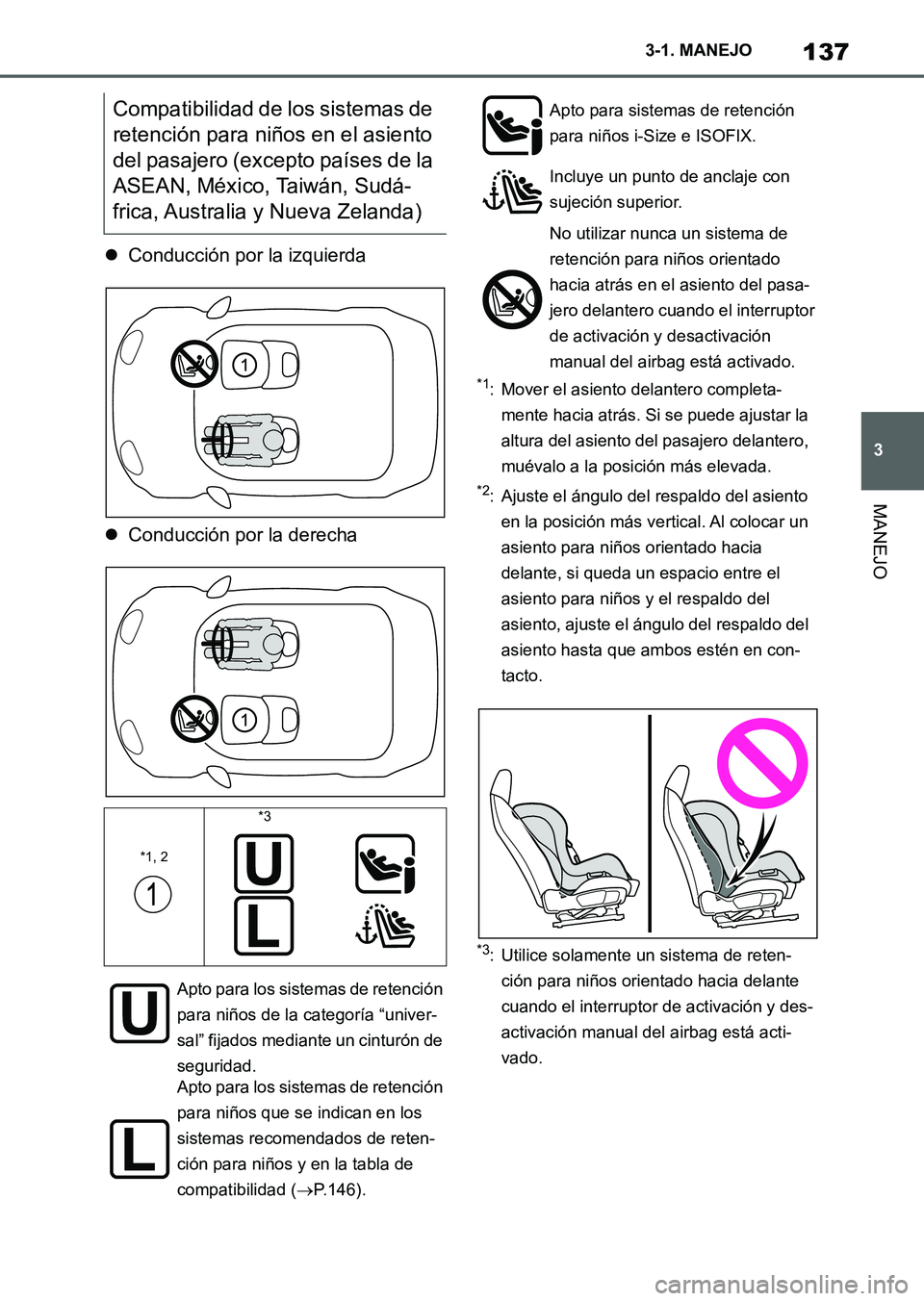 TOYOTA SUPRA 2023 Manual del propietario (in Spanish) 137
3 3-1. MANEJO
MANEJO
Conducción por la izquierda
Conducción por la derecha
*1: Mover el asiento delantero completa-
mente hacia atrás. Si se puede ajustar la
altura del asiento del pasaj TOYOTA SUPRA 2023 Manual del propietario (in Spanish) 137
3 3-1. MANEJO
MANEJO
Conducción por la izquierda
Conducción por la derecha
*1: Mover el asiento delantero completa-
mente hacia atrás. Si se puede ajustar la
altura del asiento del pasaj