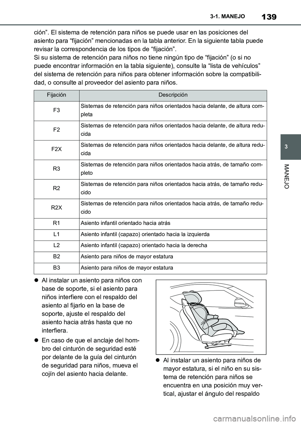 TOYOTA SUPRA 2023 Manual del propietario (in Spanish) 139
3 3-1. MANEJO
MANEJO
ción”. El sistema de retención para niños se puede usar en las posiciones del
asiento para “fijación” mencionadas en la tabla anterior. En la siguiente tabla puede TOYOTA SUPRA 2023 Manual del propietario (in Spanish) 139
3 3-1. MANEJO
MANEJO
ción”. El sistema de retención para niños se puede usar en las posiciones del
asiento para “fijación” mencionadas en la tabla anterior. En la siguiente tabla puede