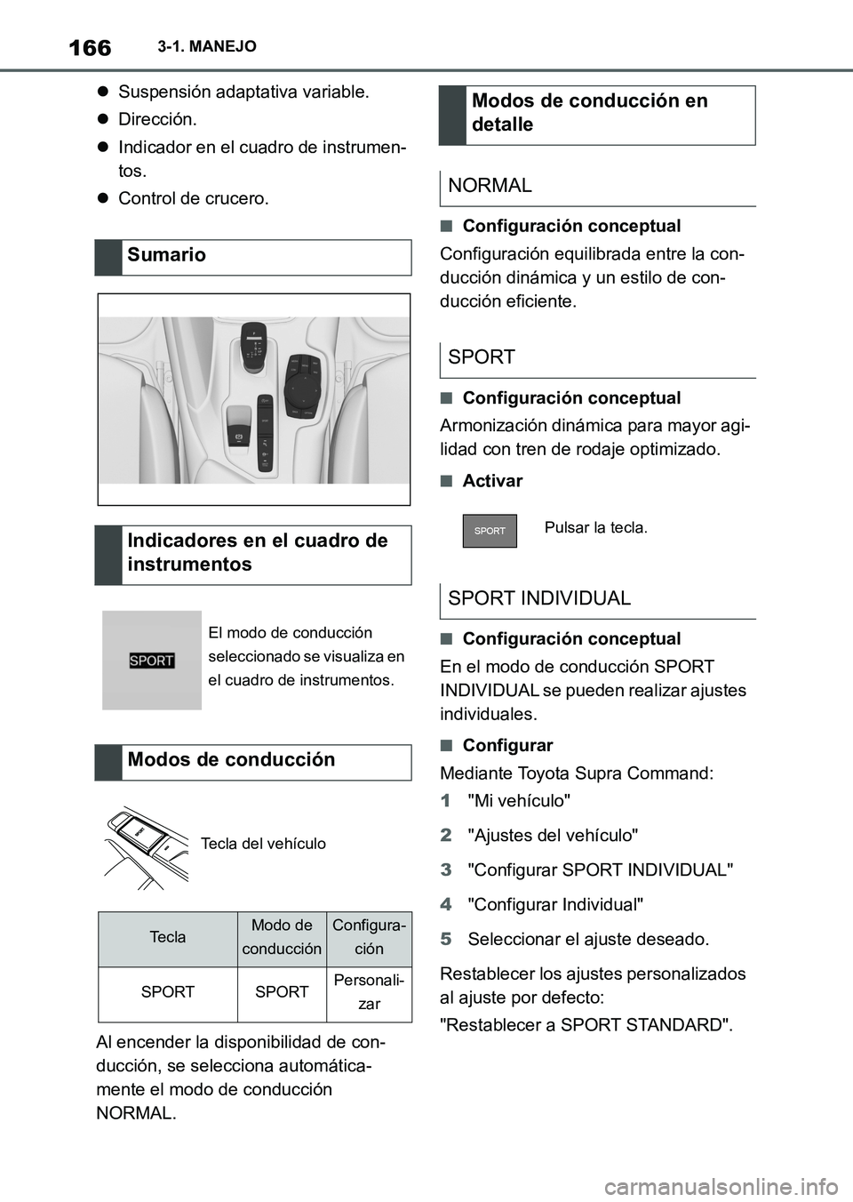 TOYOTA SUPRA 2023 Manual del propietario (in Spanish) 1663-1. MANEJO
Suspensión adaptativa variable.
Dirección.
Indicador en el cuadro de instrumen-
tos.
Control de crucero.
Al encender la disponibilidad de con-
ducción, se selecciona auto TOYOTA SUPRA 2023 Manual del propietario (in Spanish) 1663-1. MANEJO
Suspensión adaptativa variable.
Dirección.
Indicador en el cuadro de instrumen-
tos.
Control de crucero.
Al encender la disponibilidad de con-
ducción, se selecciona auto