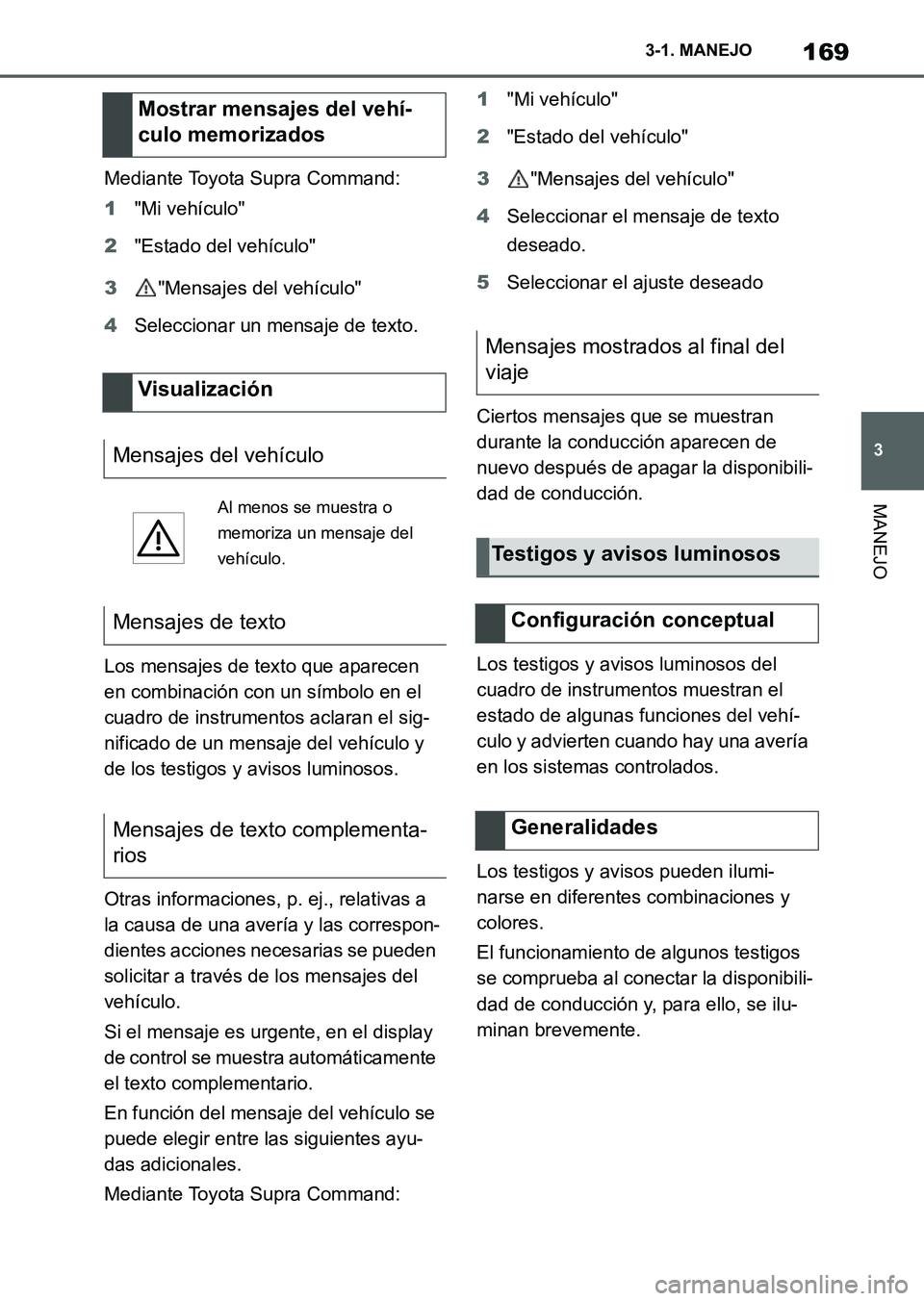 TOYOTA SUPRA 2023 Manual del propietario (in Spanish) 169
3 3-1. MANEJO
MANEJO
Mediante Toyota Supra Command:
1"Mi vehículo"
2"Estado del vehículo"
3"Mensajes del vehículo"
4Seleccionar un mensaje de texto.
Los mensajes de texto que aparecen
en combi TOYOTA SUPRA 2023 Manual del propietario (in Spanish) 169
3 3-1. MANEJO
MANEJO
Mediante Toyota Supra Command:
1"Mi vehículo"
2"Estado del vehículo"
3"Mensajes del vehículo"
4Seleccionar un mensaje de texto.
Los mensajes de texto que aparecen
en combi