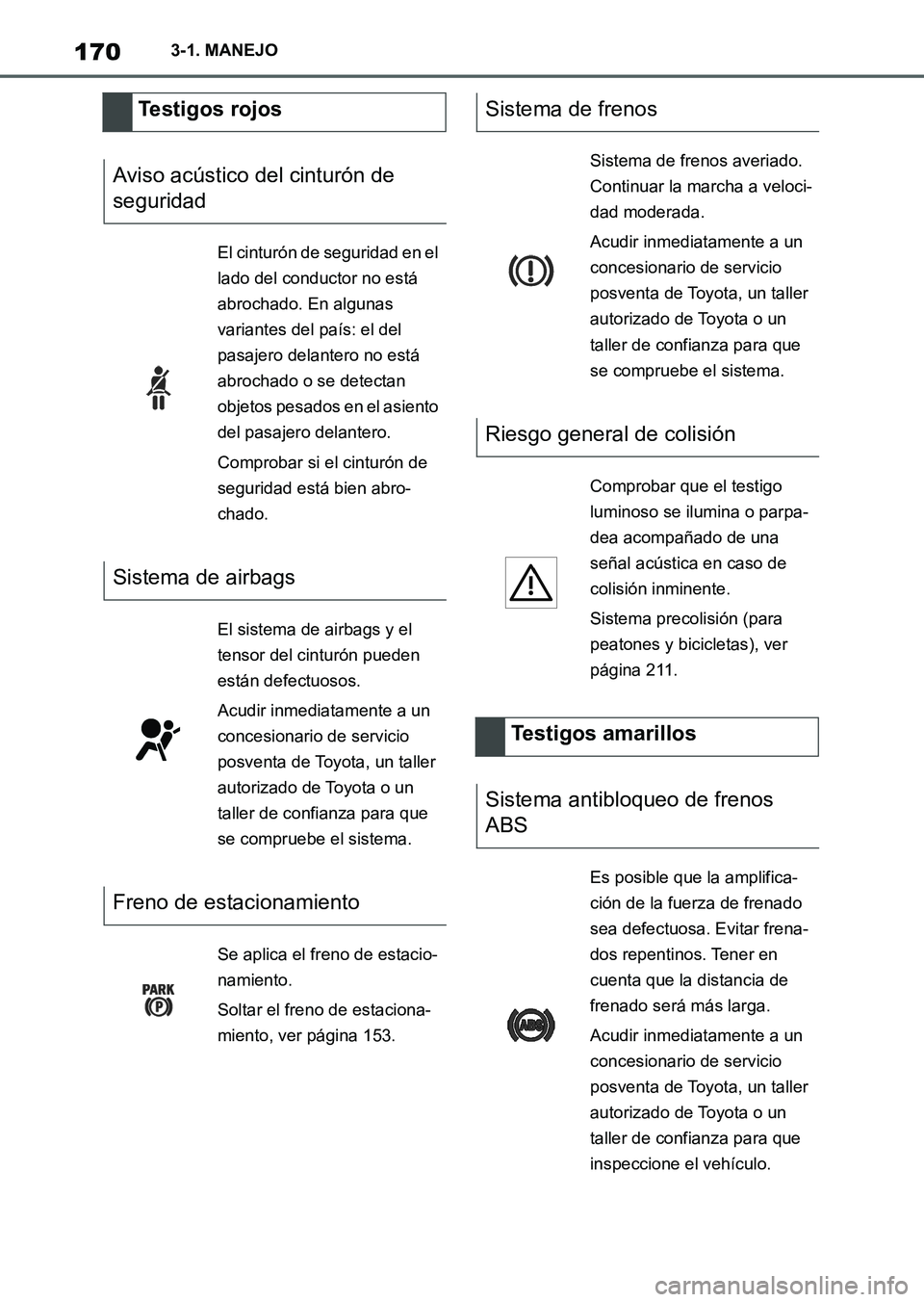 TOYOTA SUPRA 2023 Manual del propietario (in Spanish) 1703-1. MANEJO
Testigos rojos
Aviso acústico del cinturón de
seguridad
El cinturón de seguridad en el
lado del conductor no está
abrochado. En algunas
variantes del país: el del
pasajero del TOYOTA SUPRA 2023 Manual del propietario (in Spanish) 1703-1. MANEJO
Testigos rojos
Aviso acústico del cinturón de
seguridad
El cinturón de seguridad en el
lado del conductor no está
abrochado. En algunas
variantes del país: el del
pasajero del