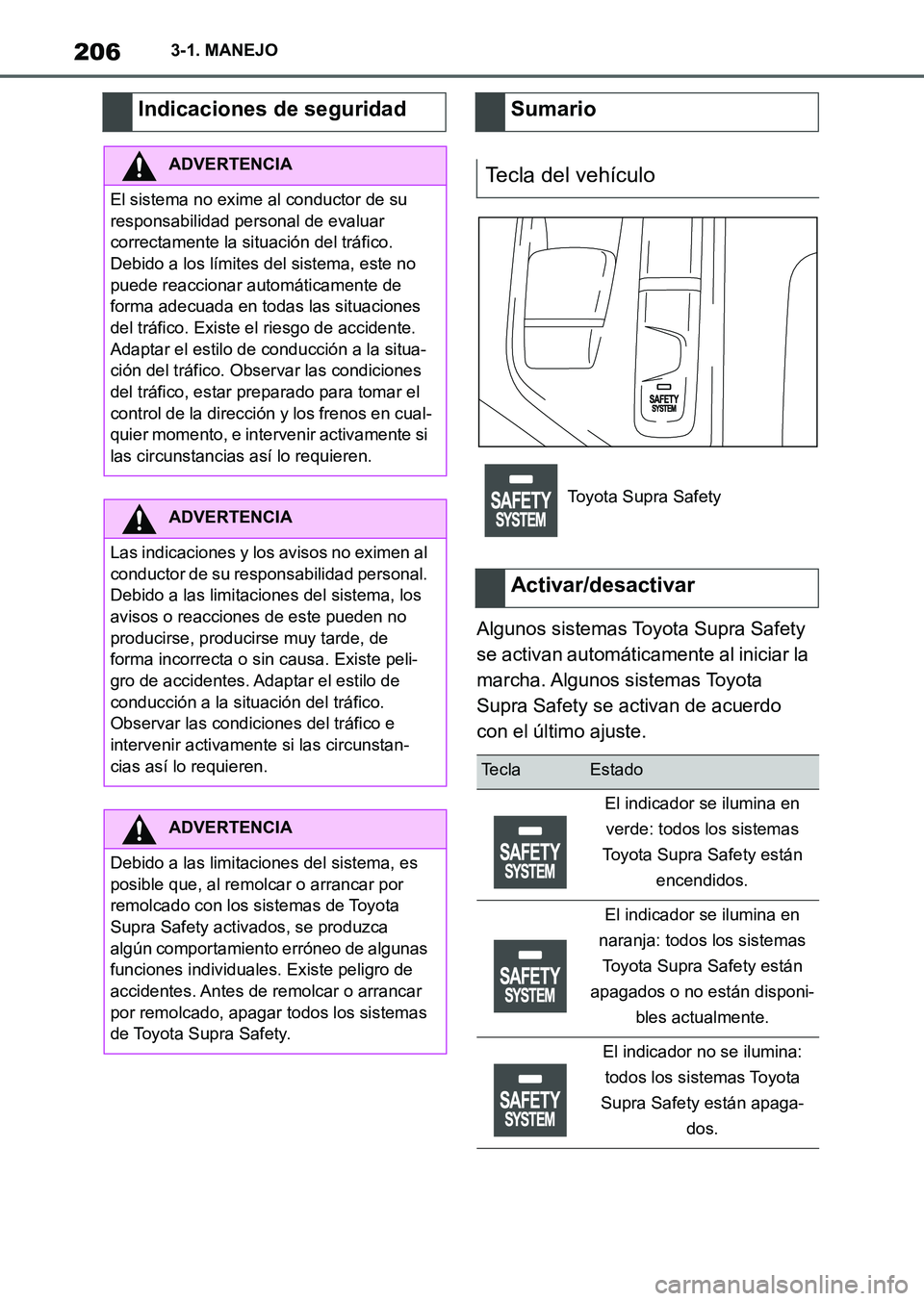TOYOTA SUPRA 2023 Manual del propietario (in Spanish) 2063-1. MANEJO
Algunos sistemas Toyota Supra Safety
se activan automáticamente al iniciar la
marcha. Algunos sistemas Toyota
Supra Safety se activan de acuerdo
con el último ajuste.
Indicaciones TOYOTA SUPRA 2023 Manual del propietario (in Spanish) 2063-1. MANEJO
Algunos sistemas Toyota Supra Safety
se activan automáticamente al iniciar la
marcha. Algunos sistemas Toyota
Supra Safety se activan de acuerdo
con el último ajuste.
Indicaciones