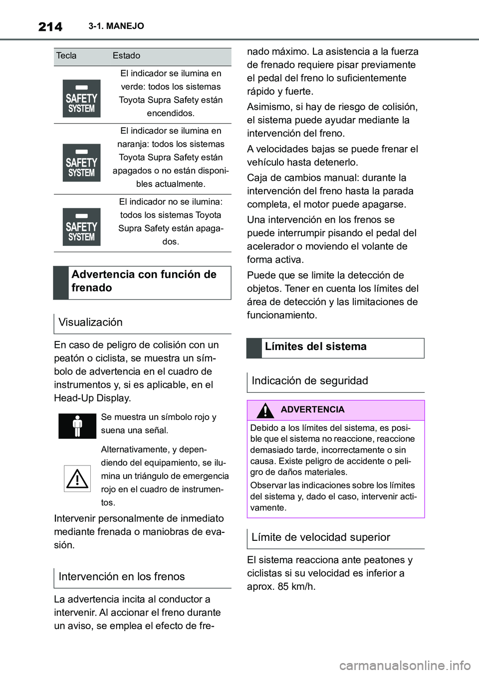 TOYOTA SUPRA 2023 Manual del propietario (in Spanish) 2143-1. MANEJO
En caso de peligro de colisión con un
peatón o ciclista, se muestra un sím-
bolo de advertencia en el cuadro de
instrumentos y, si es aplicable, en el
Head-Up Display.
Intervenir TOYOTA SUPRA 2023 Manual del propietario (in Spanish) 2143-1. MANEJO
En caso de peligro de colisión con un
peatón o ciclista, se muestra un sím-
bolo de advertencia en el cuadro de
instrumentos y, si es aplicable, en el
Head-Up Display.
Intervenir