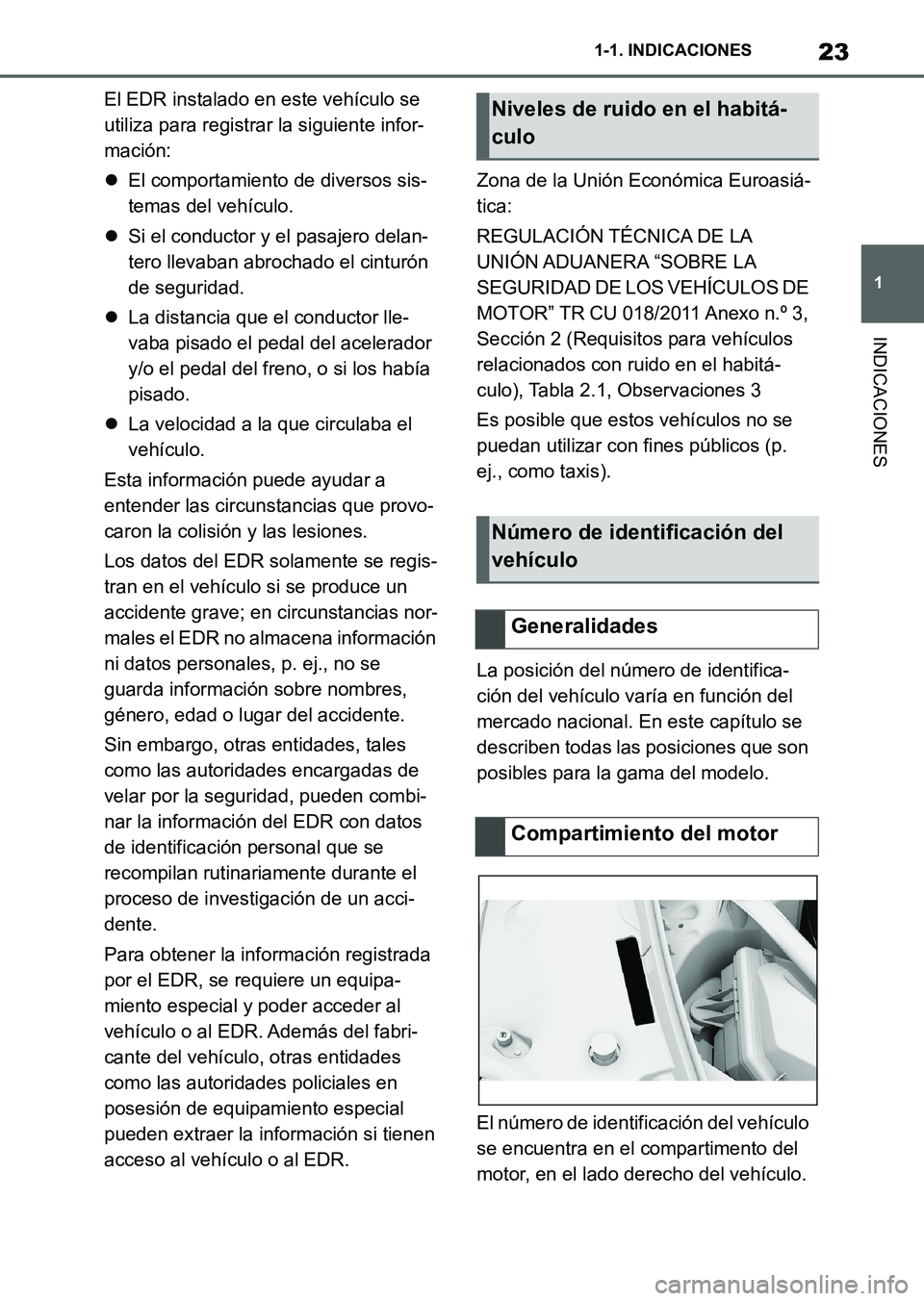 TOYOTA SUPRA 2023  Manual del propietario (in Spanish) 23
1 1-1. INDICACIONES
INDICACIONES
El EDR instalado en este vehículo se 
utiliza para registrar la siguiente infor-
mación:
El comportamiento de diversos sis-
temas del vehículo.
Si el condu