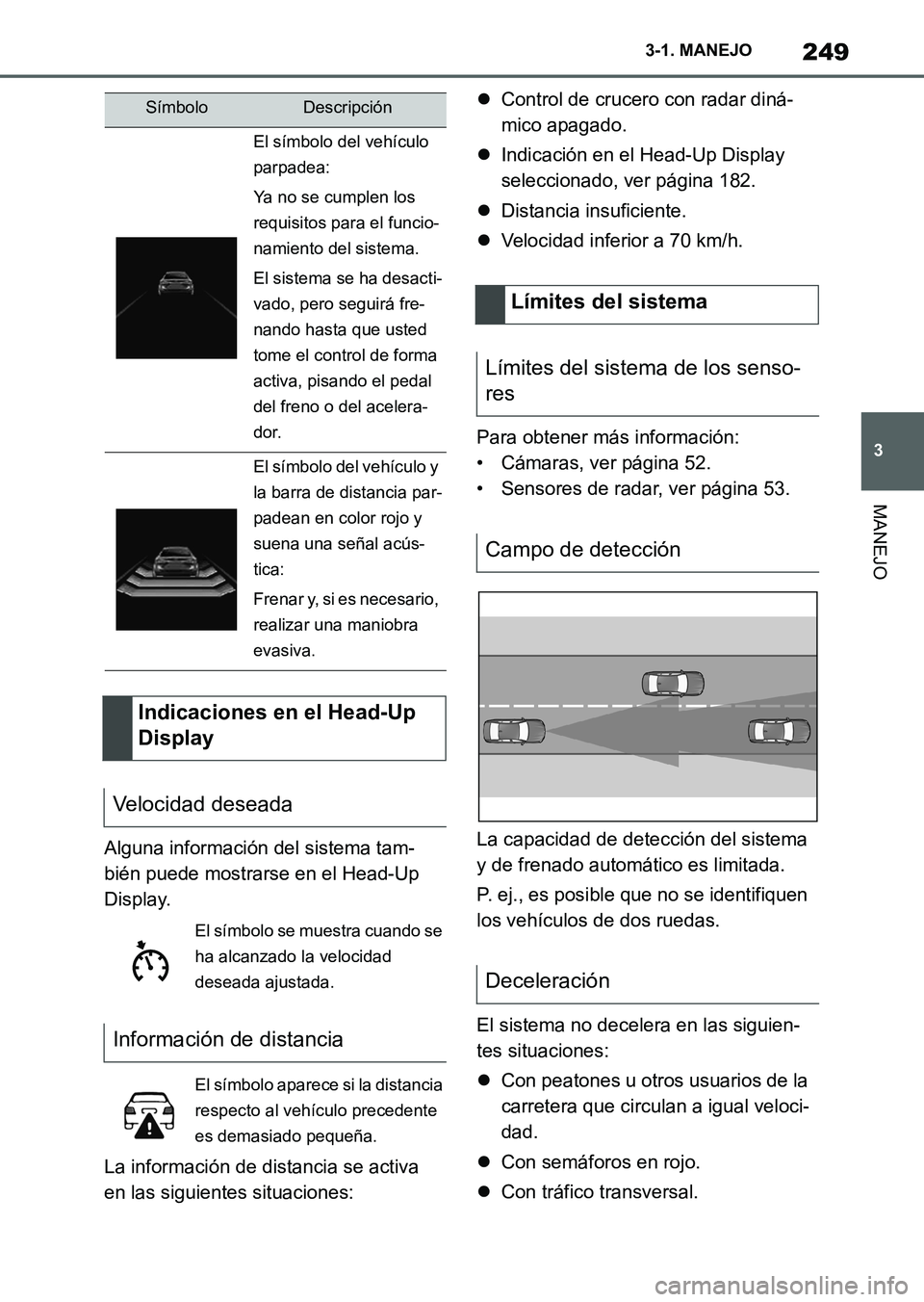 TOYOTA SUPRA 2023  Manual del propietario (in Spanish) 249
3 3-1. MANEJO
MANEJO
Alguna información del sistema tam-
bién puede mostrarse en el Head-Up 
Display.
La información de distancia se activa 
en las siguientes situaciones:Control de crucero 