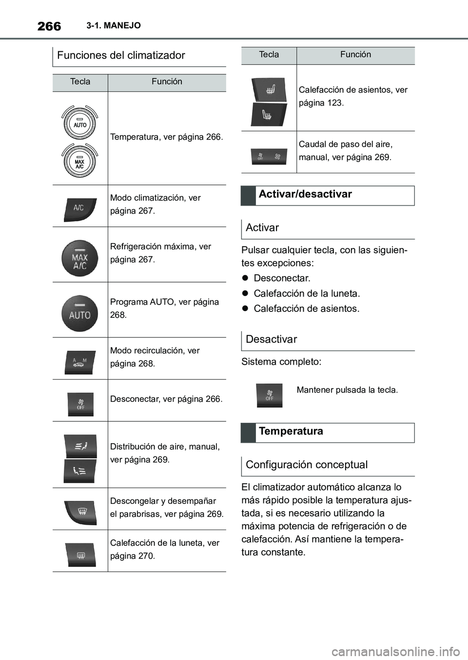 TOYOTA SUPRA 2023 Manual del propietario (in Spanish) 2663-1. MANEJO
Pulsar cualquier tecla, con las siguien-
tes excepciones:
Desconectar.
Calefacción de la luneta.
Calefacción de asientos.
Sistema completo:
El climatizador automático alcanz TOYOTA SUPRA 2023 Manual del propietario (in Spanish) 2663-1. MANEJO
Pulsar cualquier tecla, con las siguien-
tes excepciones:
Desconectar.
Calefacción de la luneta.
Calefacción de asientos.
Sistema completo:
El climatizador automático alcanz