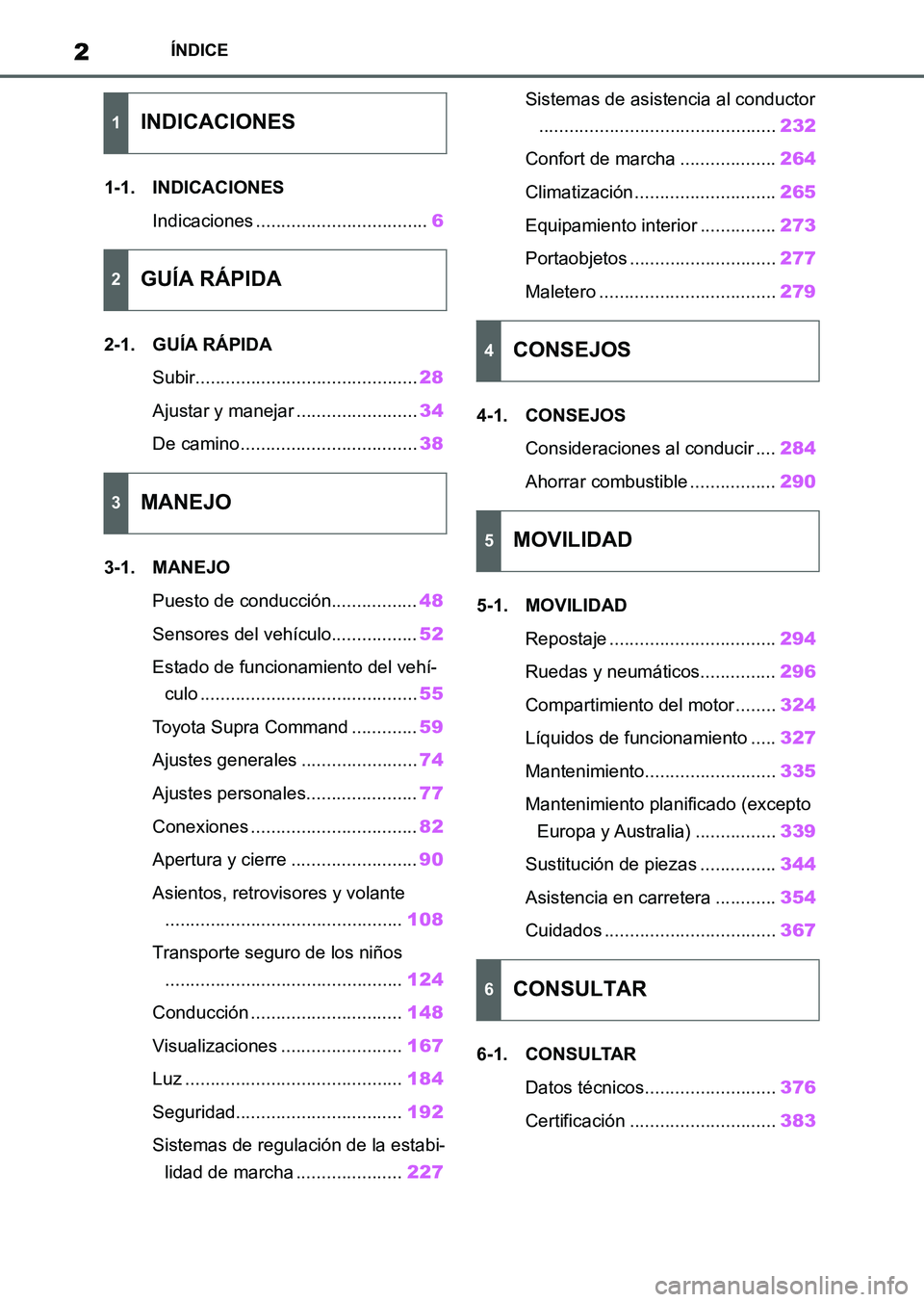 TOYOTA SUPRA 2023 Manual del propietario (in Spanish) 2ÍNDICE
1-1. INDICACIONES
Indicaciones ..................................6
2-1. GUÍA RÁPIDA
Subir............................................28
Ajustar y manejar ........................34
De camin TOYOTA SUPRA 2023 Manual del propietario (in Spanish) 2ÍNDICE
1-1. INDICACIONES
Indicaciones ..................................6
2-1. GUÍA RÁPIDA
Subir............................................28
Ajustar y manejar ........................34
De camin