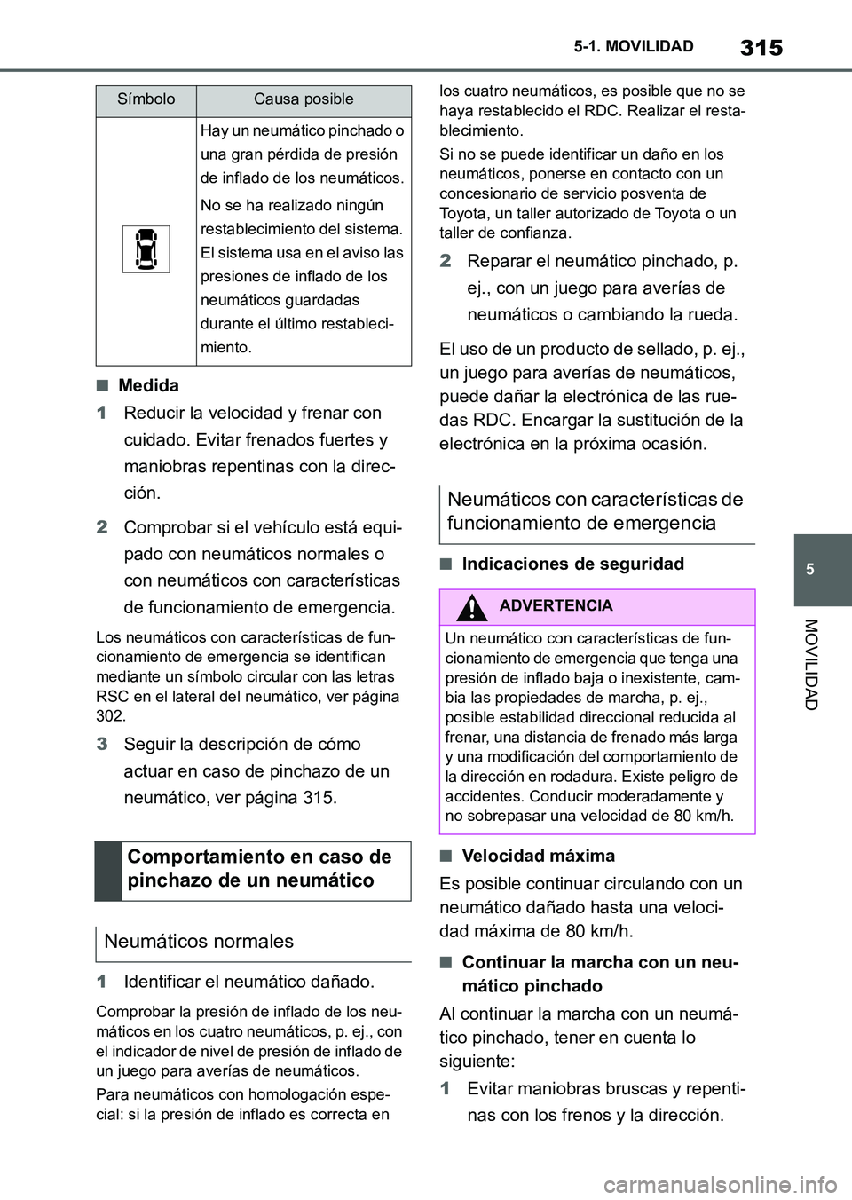 TOYOTA SUPRA 2023  Manual del propietario (in Spanish) 315
5 5-1. MOVILIDAD
MOVILIDAD
■Medida
1Reducir la velocidad y frenar con 
cuidado. Evitar frenados fuertes y 
maniobras repentinas con la direc-
ción.
2Comprobar si el vehículo está equi-
pado c
