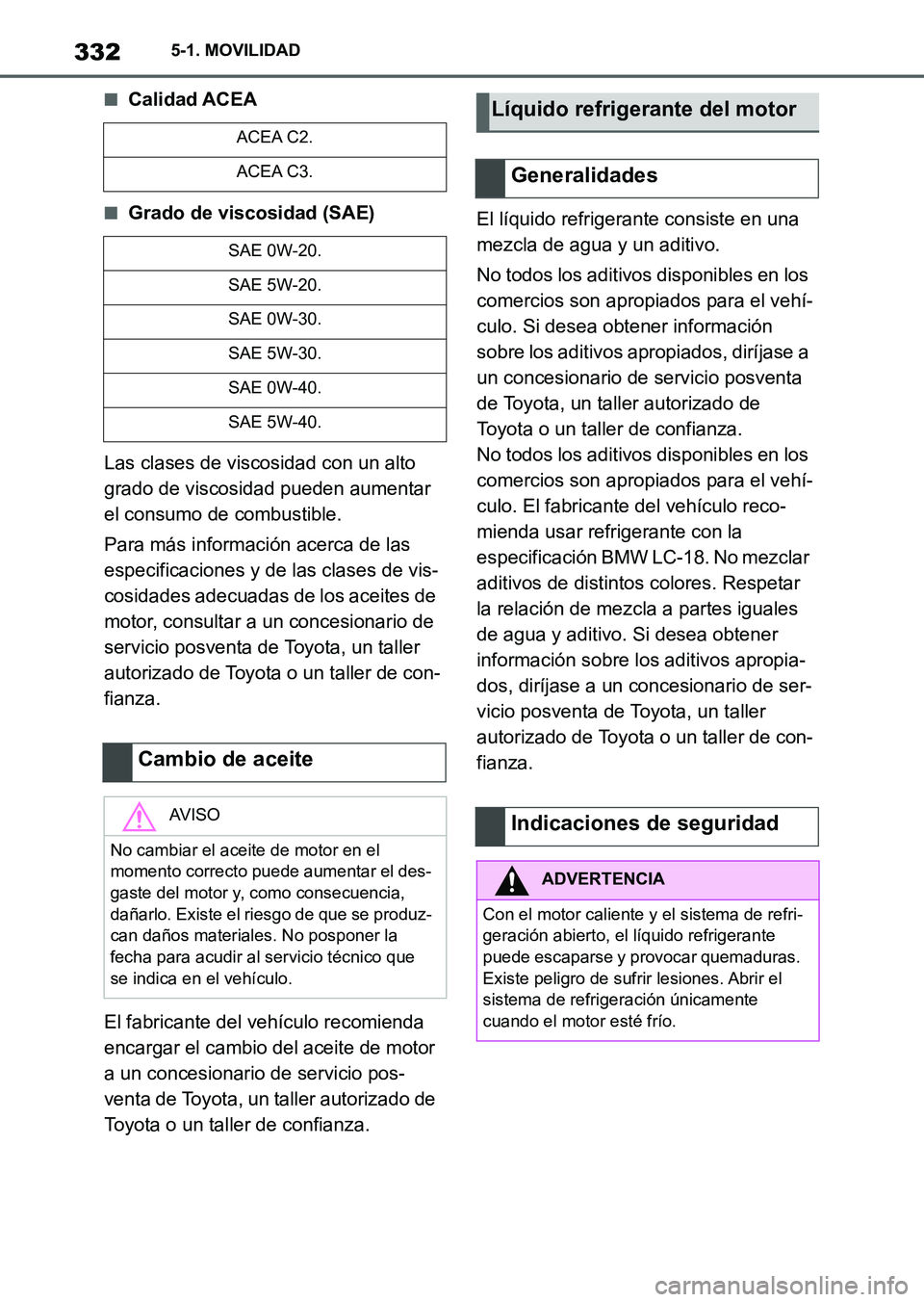TOYOTA SUPRA 2023 Manual del propietario (in Spanish) 3325-1. MOVILIDAD
■Calidad ACEA
■Grado de viscosidad (SAE)
Las clases de viscosidad con un alto
grado de viscosidad pueden aumentar
el consumo de combustible.
Para más información acerca de la TOYOTA SUPRA 2023 Manual del propietario (in Spanish) 3325-1. MOVILIDAD
■Calidad ACEA
■Grado de viscosidad (SAE)
Las clases de viscosidad con un alto
grado de viscosidad pueden aumentar
el consumo de combustible.
Para más información acerca de la