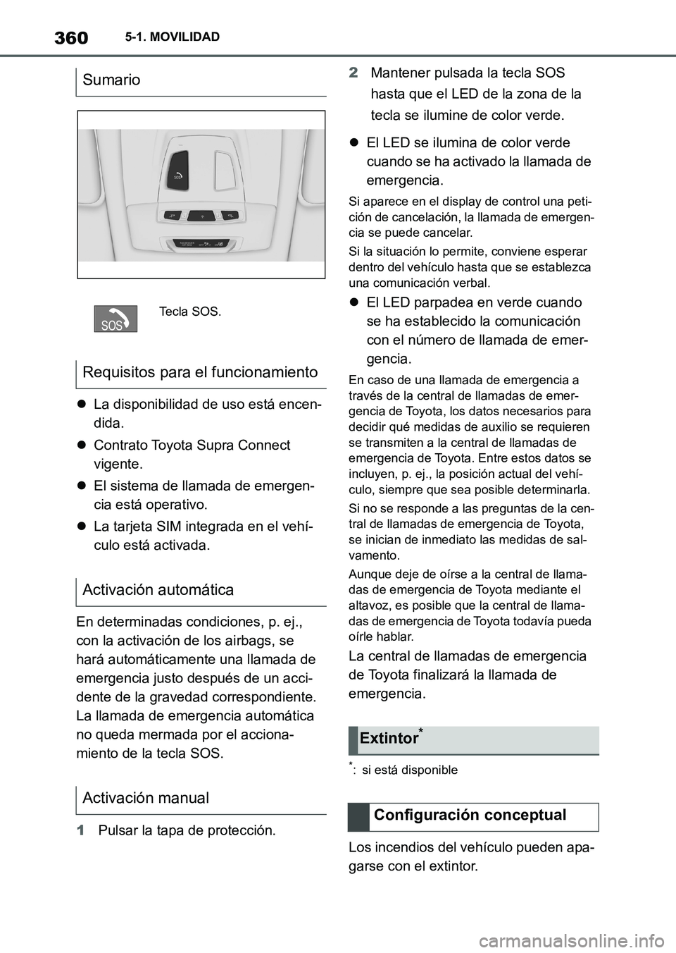 TOYOTA SUPRA 2023 Manual del propietario (in Spanish) 3605-1. MOVILIDAD
La disponibilidad de uso está encen-
dida.
Contrato Toyota Supra Connect
vigente.
El sistema de llamada de emergen-
cia está operativo.
La tarjeta SIM integrada en el TOYOTA SUPRA 2023 Manual del propietario (in Spanish) 3605-1. MOVILIDAD
La disponibilidad de uso está encen-
dida.
Contrato Toyota Supra Connect
vigente.
El sistema de llamada de emergen-
cia está operativo.
La tarjeta SIM integrada en el