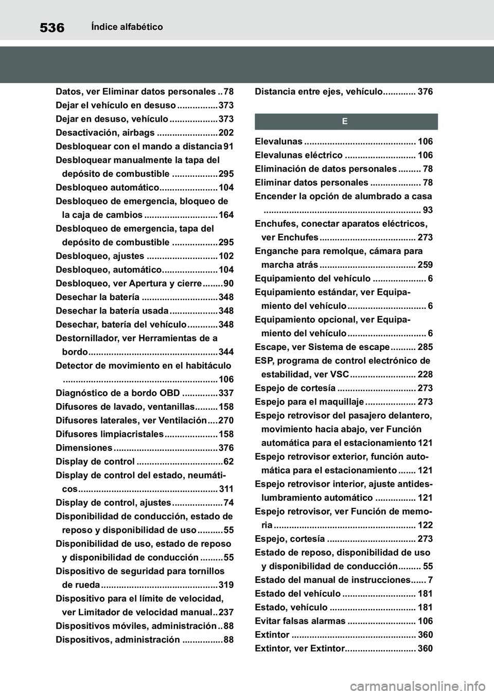 TOYOTA SUPRA 2023  Manual del propietario (in Spanish) 536Índice alfabético
Datos, ver Eliminar datos personales .. 78
Dejar el vehículo en desuso ................ 373
Dejar en desuso, vehículo ................... 373
Desactivación, airbags .........