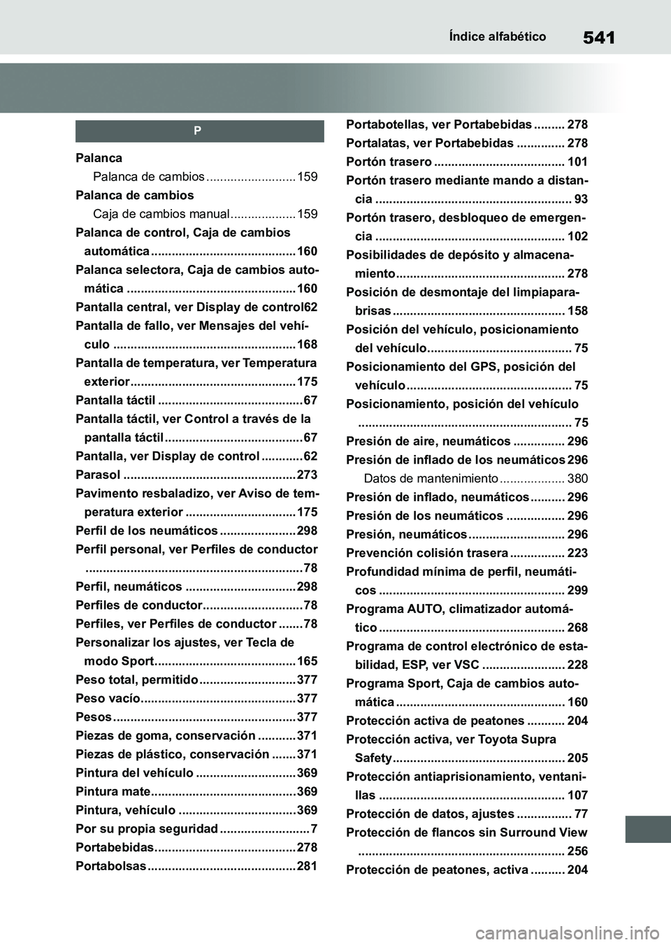 TOYOTA SUPRA 2023  Manual del propietario (in Spanish) 541Índice alfabético
P
Palanca
Palanca de cambios .......................... 159
Palanca de cambios
Caja de cambios manual................... 159
Palanca de control, Caja de cambios 
automática ...