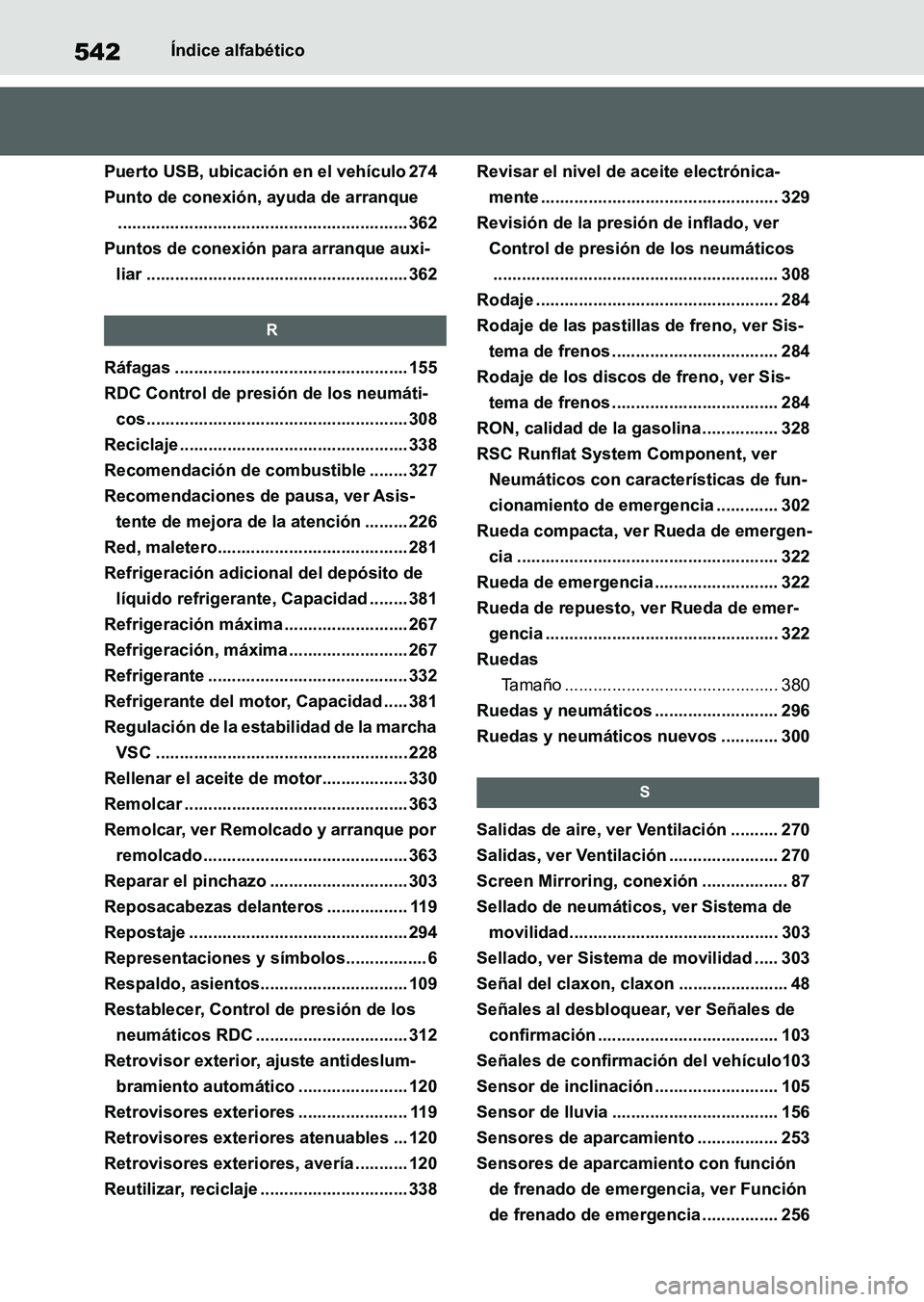 TOYOTA SUPRA 2023  Manual del propietario (in Spanish) 542Índice alfabético
Puerto USB, ubicación en el vehículo 274
Punto de conexión, ayuda de arranque
............................................................. 362
Puntos de conexión para arran