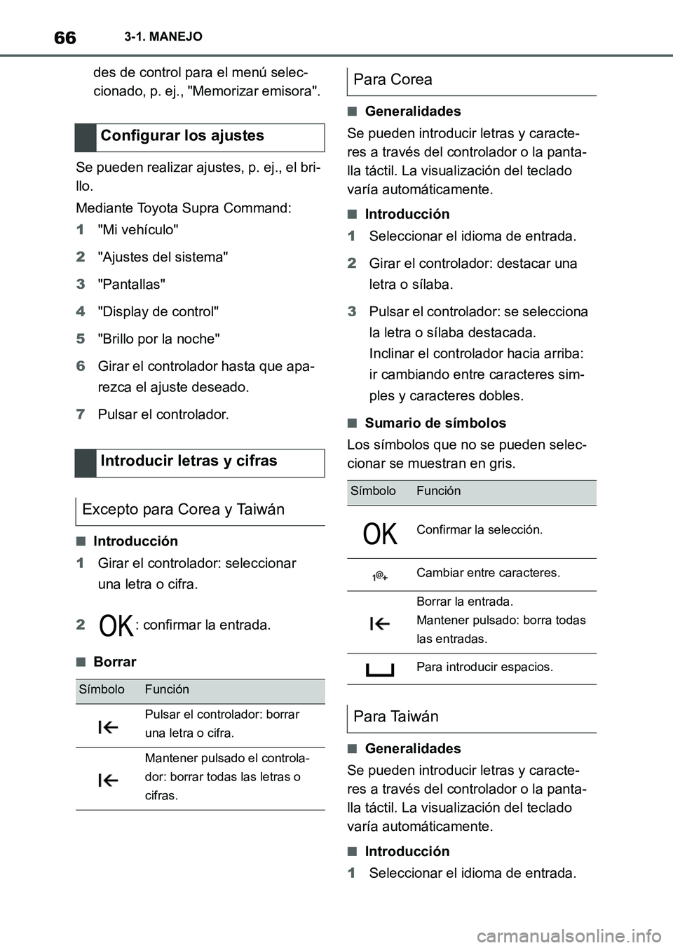 TOYOTA SUPRA 2023 Manual del propietario (in Spanish) 663-1. MANEJO
des de control para el menú selec-
cionado, p. ej., "Memorizar emisora".
Se pueden realizar ajustes, p. ej., el bri-
llo.
Mediante Toyota Supra Command:
1"Mi vehículo"
2"Ajustes del si TOYOTA SUPRA 2023 Manual del propietario (in Spanish) 663-1. MANEJO
des de control para el menú selec-
cionado, p. ej., "Memorizar emisora".
Se pueden realizar ajustes, p. ej., el bri-
llo.
Mediante Toyota Supra Command:
1"Mi vehículo"
2"Ajustes del si