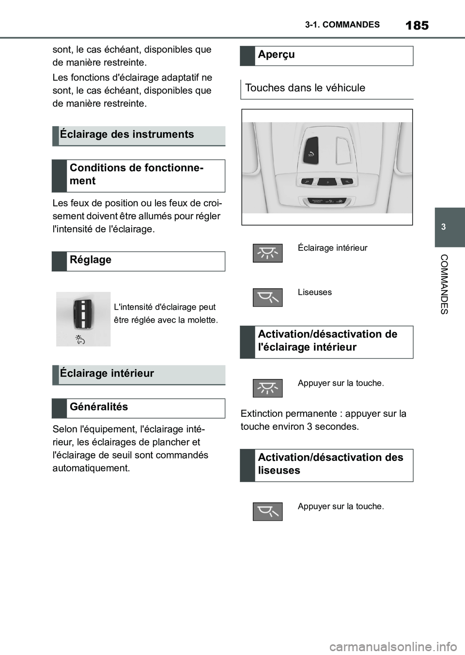 TOYOTA SUPRA 2023 Manuel du propriétaire (in French) 185
3 3-1. COMMANDES
COMMANDES
sont, le cas échéant, disponibles que
de manière restreinte.
Les fonctions d'éclairage adaptatif ne
sont, le cas échéant, disponibles que
de manière restre TOYOTA SUPRA 2023 Manuel du propriétaire (in French) 185
3 3-1. COMMANDES
COMMANDES
sont, le cas échéant, disponibles que
de manière restreinte.
Les fonctions d'éclairage adaptatif ne
sont, le cas échéant, disponibles que
de manière restre