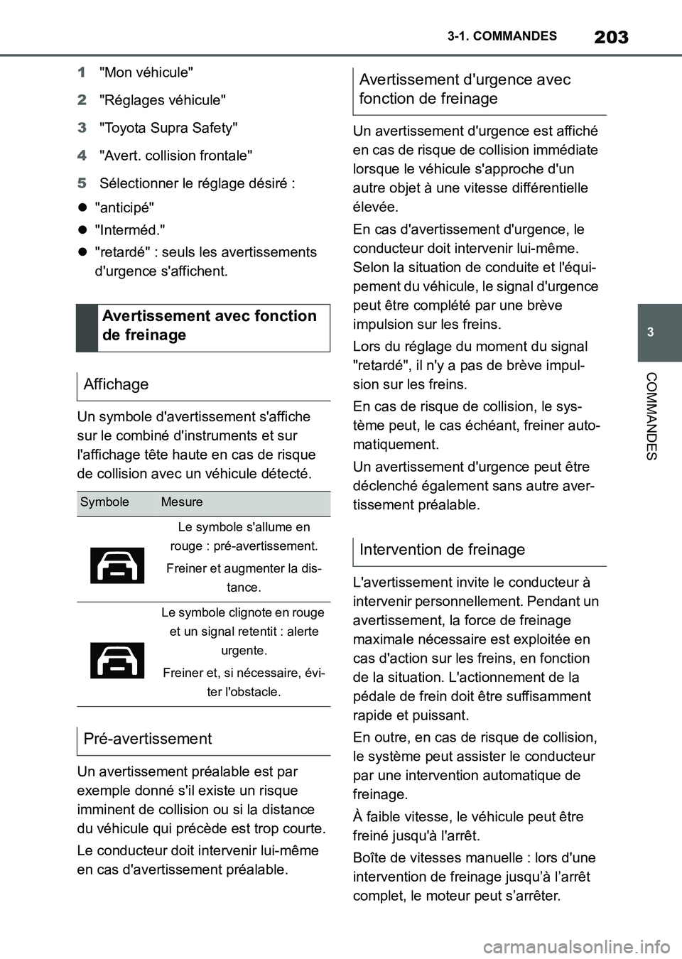 TOYOTA SUPRA 2023 Manuel du propriétaire (in French) 203
3 3-1. COMMANDES
COMMANDES
1"Mon véhicule"
2"Réglages véhicule"
3"Toyota Supra Safety"
4"Avert. collision frontale"
5Sélectionner le réglage désiré :
" TOYOTA SUPRA 2023 Manuel du propriétaire (in French) 203
3 3-1. COMMANDES
COMMANDES
1"Mon véhicule"
2"Réglages véhicule"
3"Toyota Supra Safety"
4"Avert. collision frontale"
5Sélectionner le réglage désiré :
"