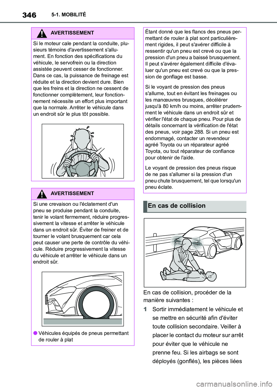 TOYOTA SUPRA 2023 Manuel du propriétaire (in French) 3465-1. MOBILITÉ
En cas de collision, procéder de la
manière suivantes :
1Sortir immédiatement le véhicule et
se mettre en sécurité afin d'éviter
toute collision secondaire. Veiller à TOYOTA SUPRA 2023 Manuel du propriétaire (in French) 3465-1. MOBILITÉ
En cas de collision, procéder de la
manière suivantes :
1Sortir immédiatement le véhicule et
se mettre en sécurité afin d'éviter
toute collision secondaire. Veiller à