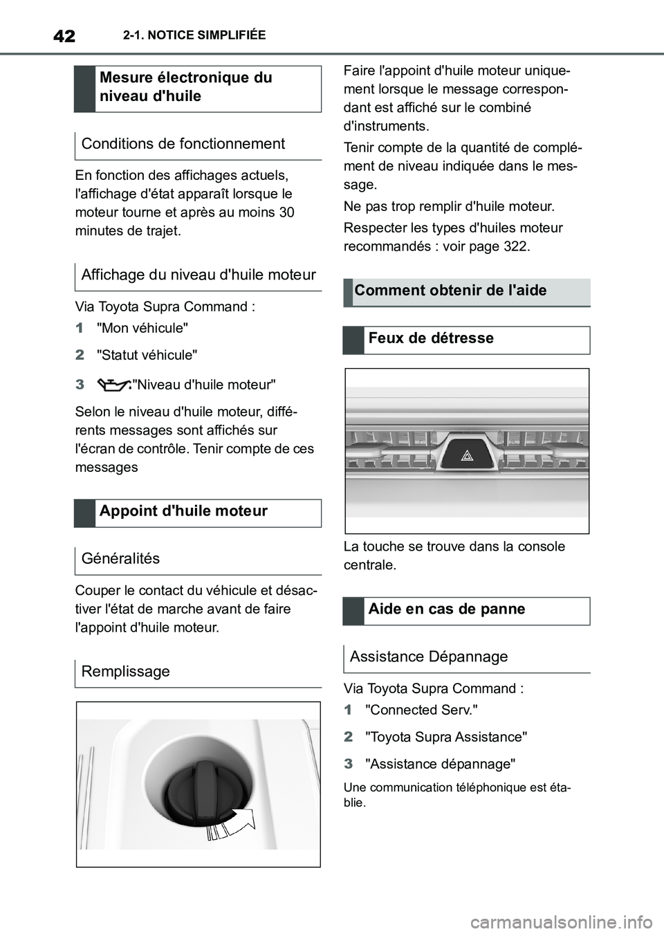 TOYOTA SUPRA 2023  Manuel du propriétaire (in French) 422-1. NOTICE SIMPLIFIÉE
En fonction des affichages actuels, 
l'affichage d'état apparaît lorsque le 
moteur tourne et après au moins 30 
minutes de trajet.
Via Toyota Supra Command :
1